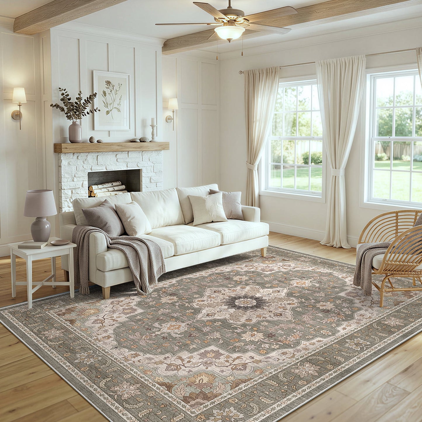 CHITOOMA 6'x9' Area Rugs for Living Room, Boho Machine Washable Stain Resistant Non-Shed Carpet, Floral Area Rug with Non-Slip Backing for Bedroom, Dining Room, Dorm, Office