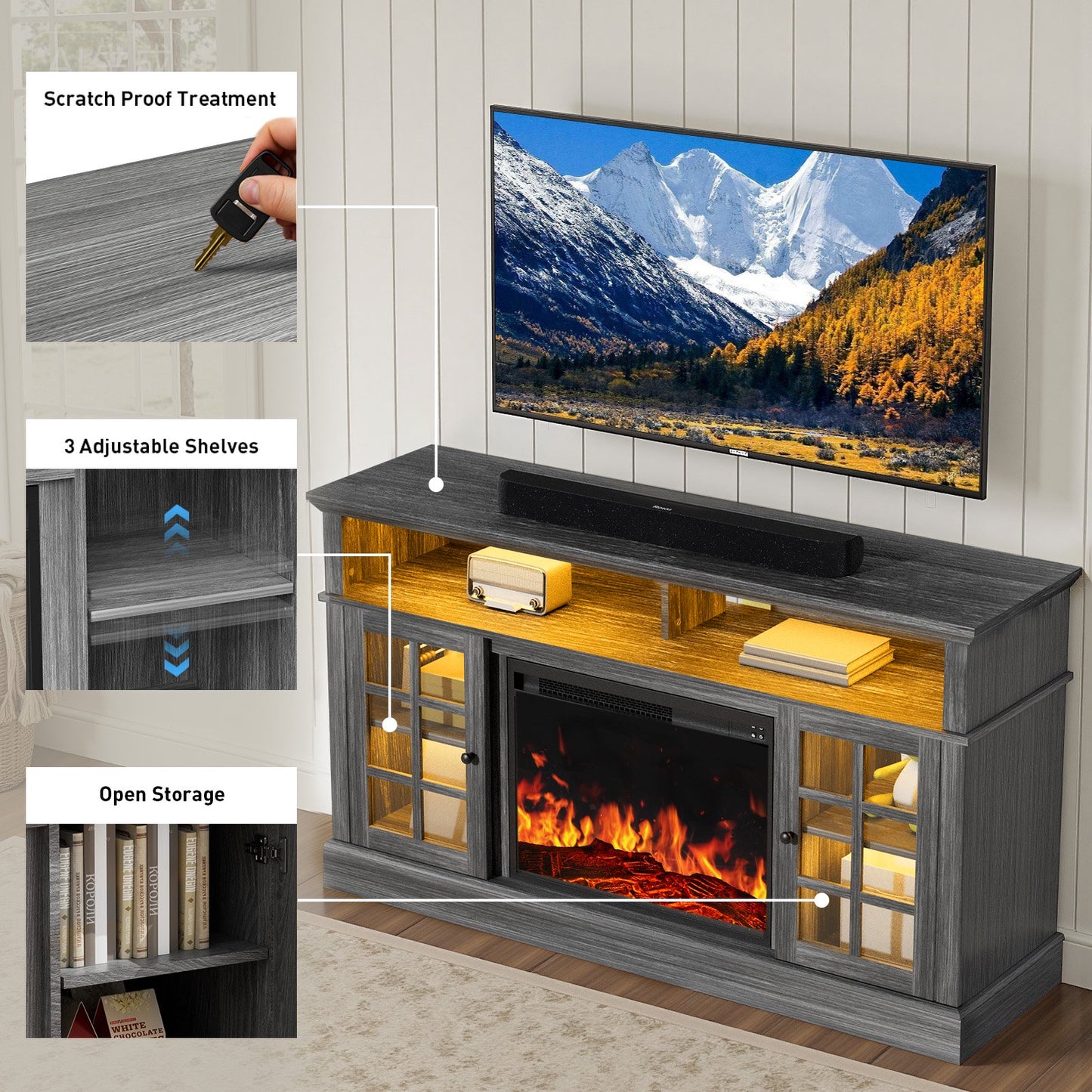 Electric Fireplace TV Stand up to 75" TVs, Farmhouse Entertainment Center with LED Light and 23" Fireplace for Living Room, Gray