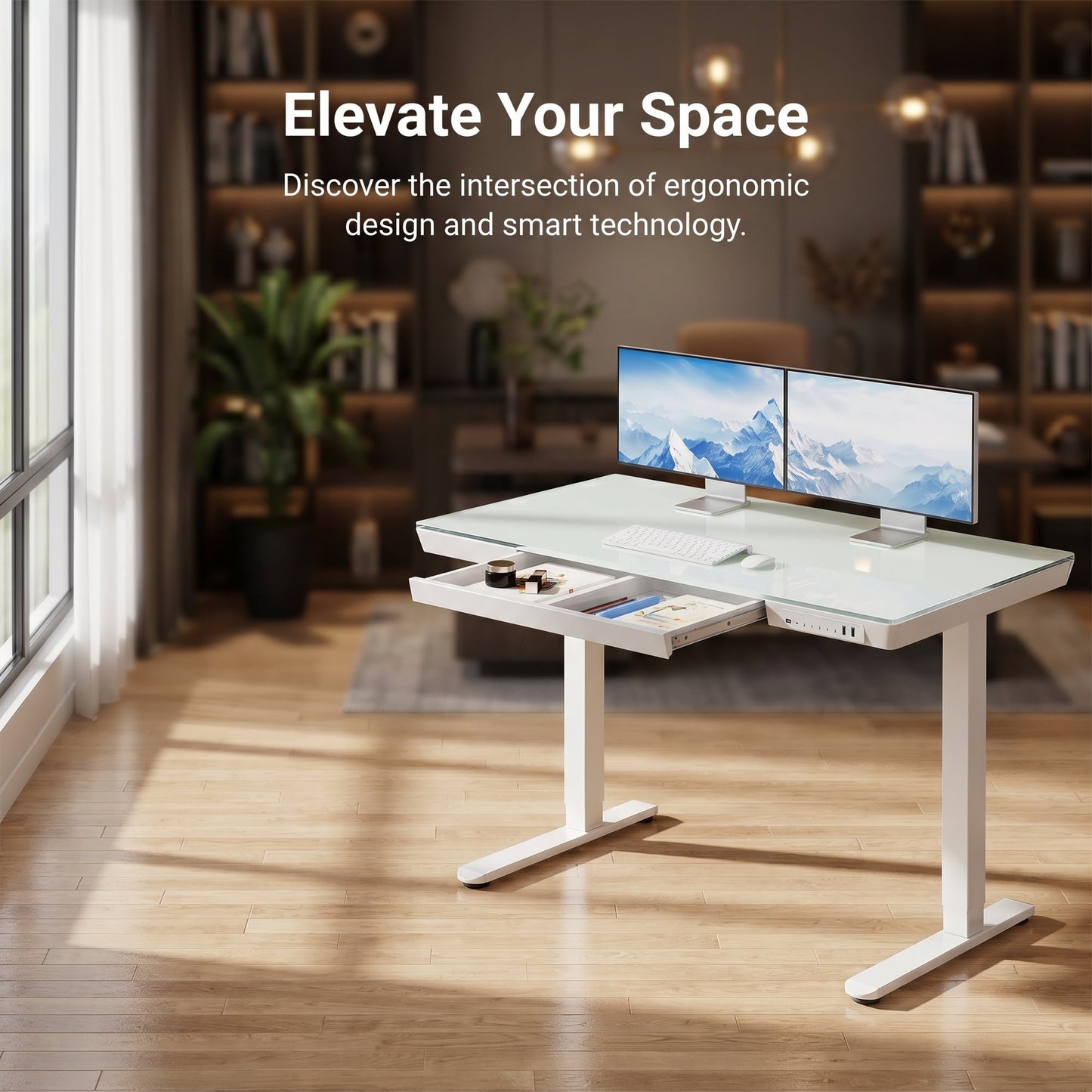 CHITOOMA Glass Top Electric Standing Desk with Drawer, 48'' x 24'' Electric Height Adjustable Desk with USB Charging Ports, Sit Stand up for Home Office