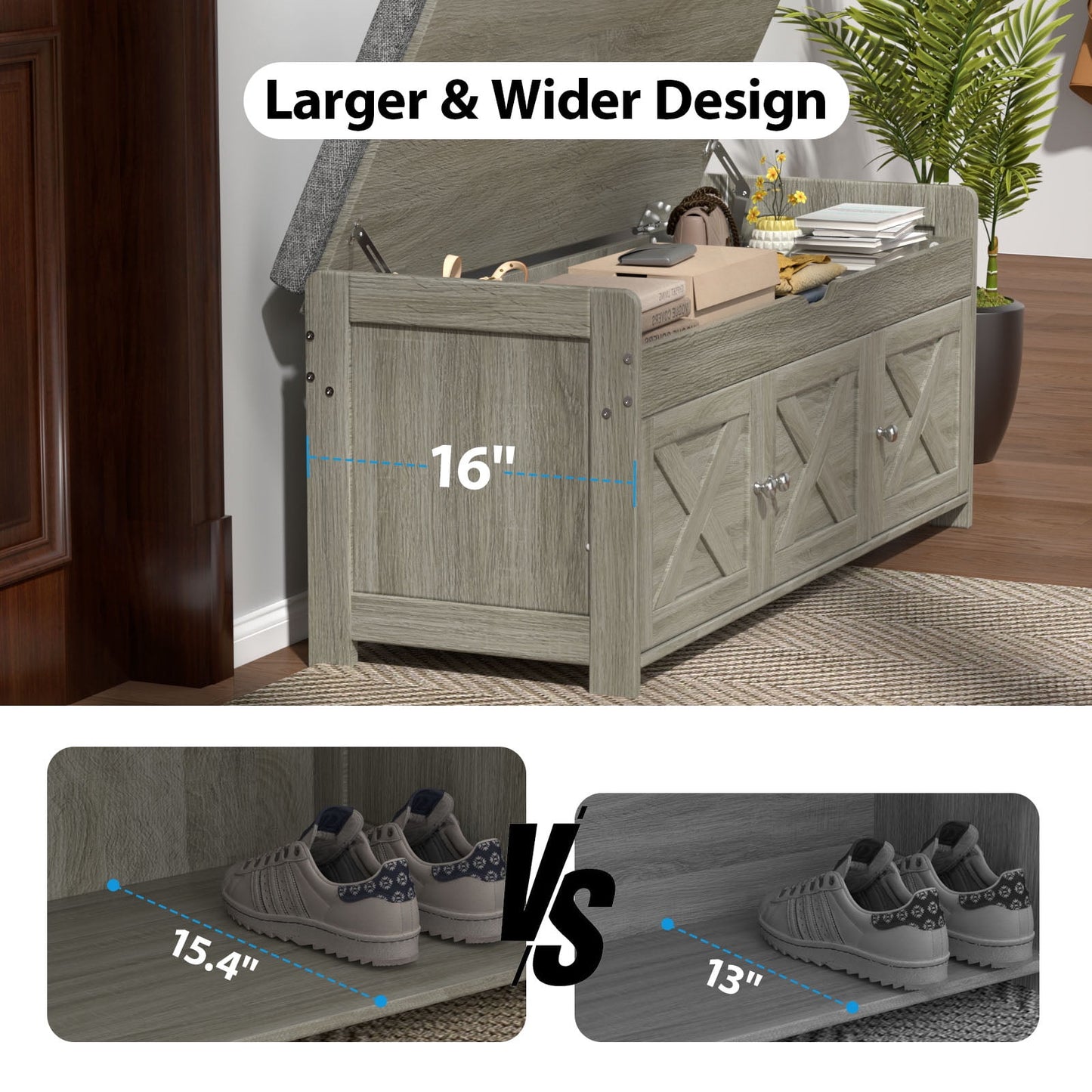 CHITOOMA 43.4" Shoe Storage Bench with Cushion and Barn Doors for Entryway, Bedroom, Shoe Rack Bench Adjustable Shelf with Lift Top Storage, 440 lbs, Grey