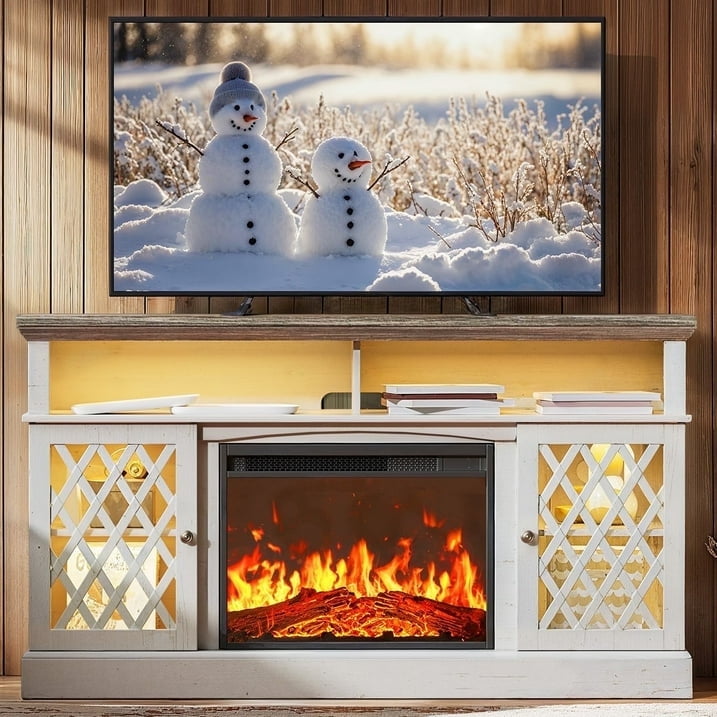 Farmhouse Fireplace TV Stand for 75 inch with LED Light, Adjustable Storage Shelves, Glass Doors, Media Entertainment Center with Fireplace for Living Room, Bedroom, White