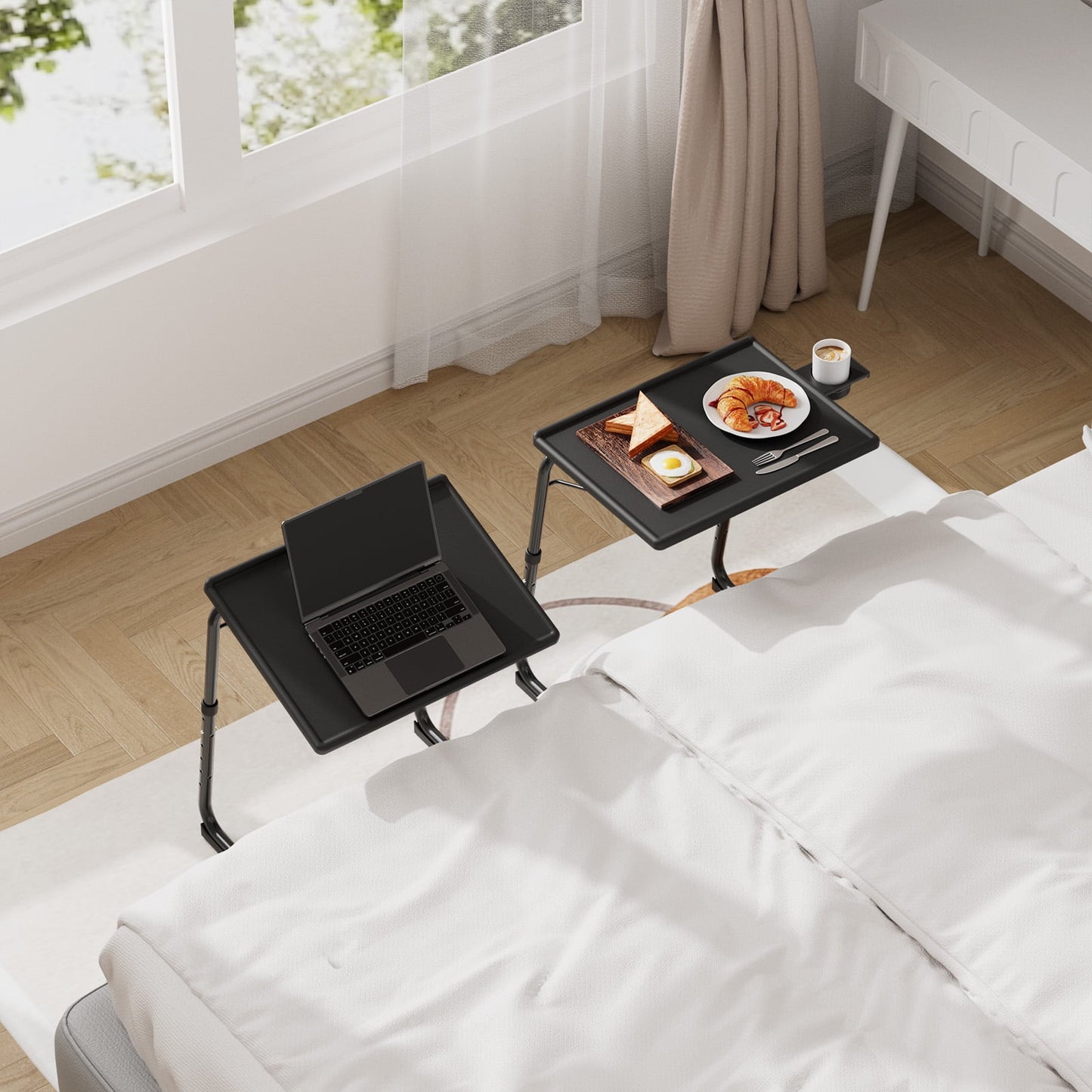 TV Tray Table with Cup Holders, Portable C-Shaped Side Dinner Tray Table, Adjustable 6 Heights & 3 Tilt Angle for Living Room, Bedroom, Black