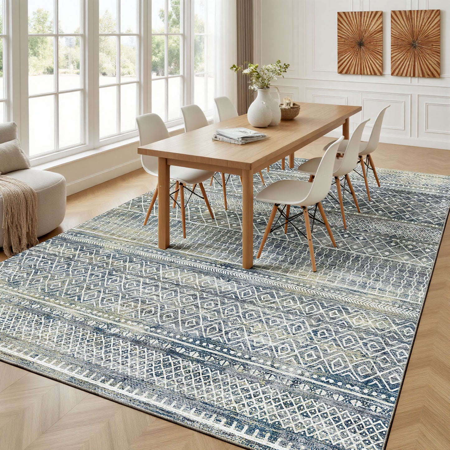 CHITOOMA 9'x12' Area Rugs for Living Room, Washable Rugs Boho Soft Geometric Bohemian Carpet Indoor Rug for Bedroom Dining Room Office Nonslip Foldable Rug