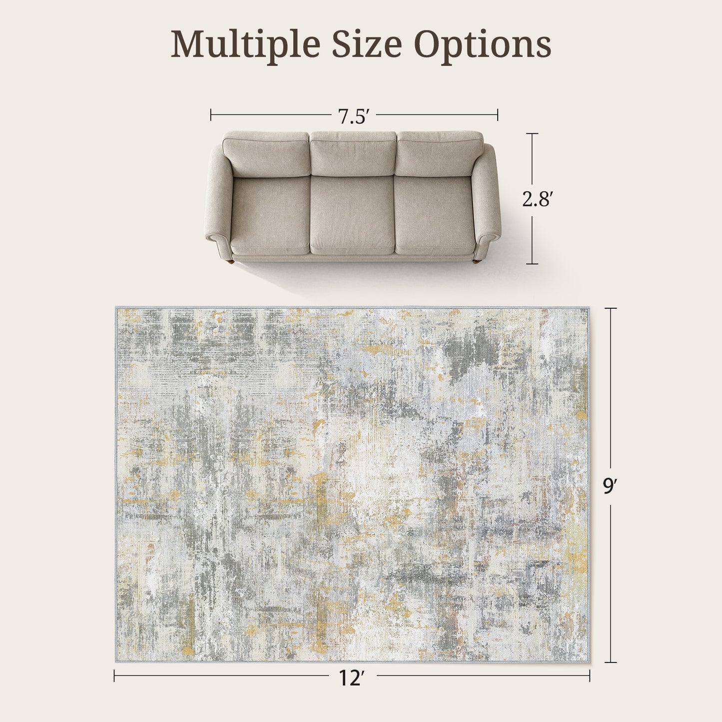CHITOOMA 9'x12' Area Rugs for Living Room, Machine Washable Abstract Distressed Rugs Indoor Neutral Carpet Rugs for Bedroom Dining Room Office with Non-Slip Backing, Stain Resistant Non-Shed