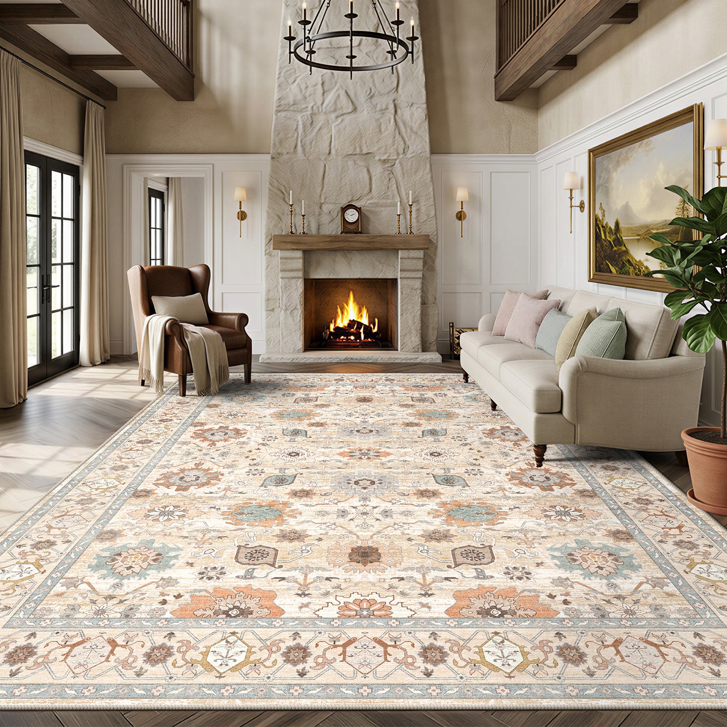 CHITOOMA 8'x10' Area Rugs for Living Room, Boho Machine Washable Floral Area Rug with Non-Slip Backing, Stain Resistant Non-Shed Carpet for Bedroom, Dining Room, Dorm, Office