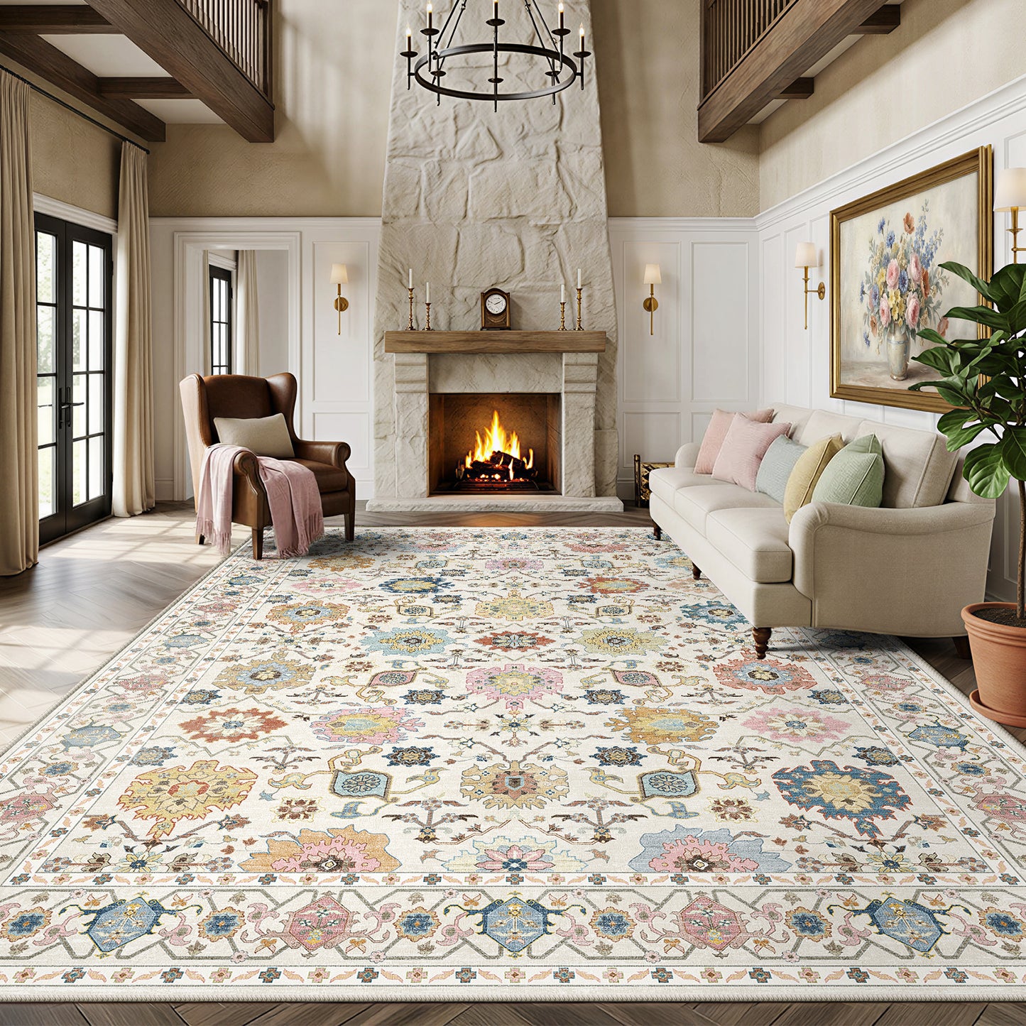 CHITOOMA 9'x12' Area Rugs for Living Room, Boho Machine Washable Stain Resistant Non-Shed Carpet, Floral Area Rug with Non-Slip Backing for Bedroom, Dining Room, Dorm, Office