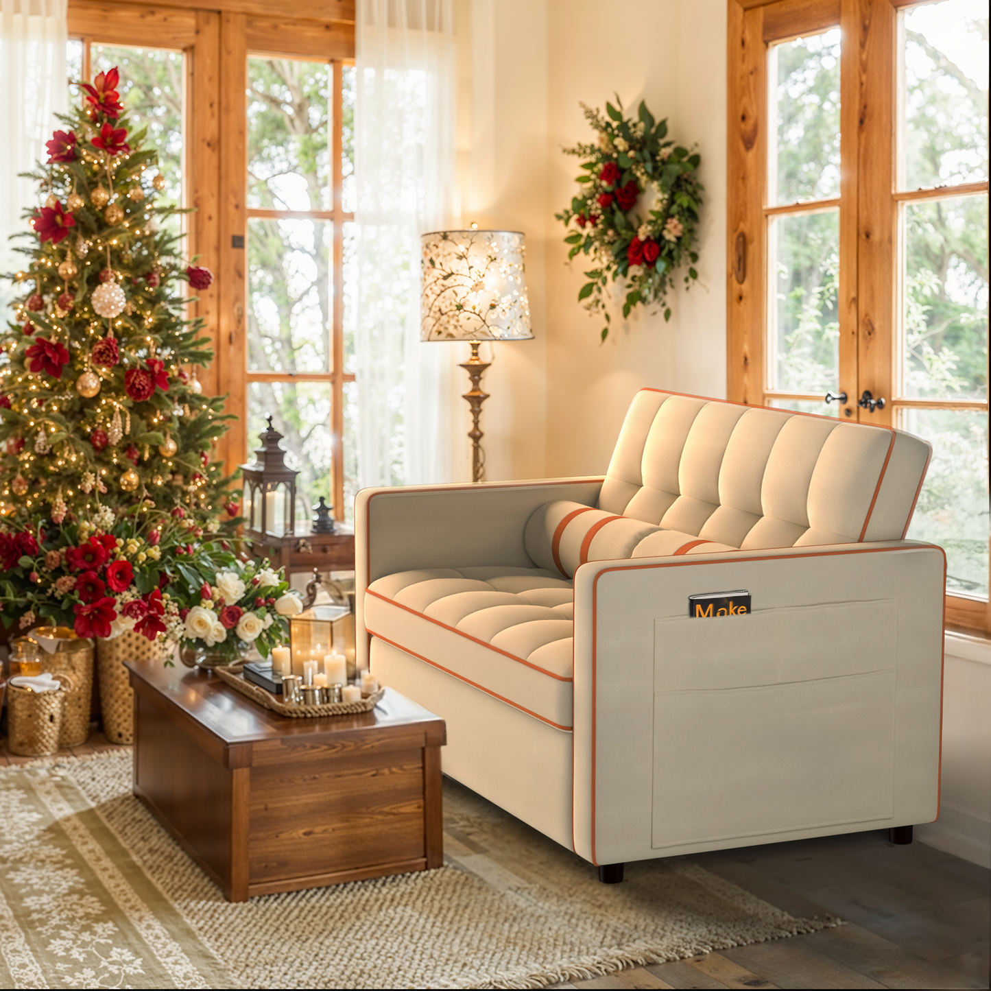 CHITOOMA 3 in 1 Pull Out Sofa Bed with Adjustable Backrest, 70" Convertible Loveseat Sleeper Couch with Charging Port, Side Pockets & Cylinder Pillows for Living Room Apartment, White