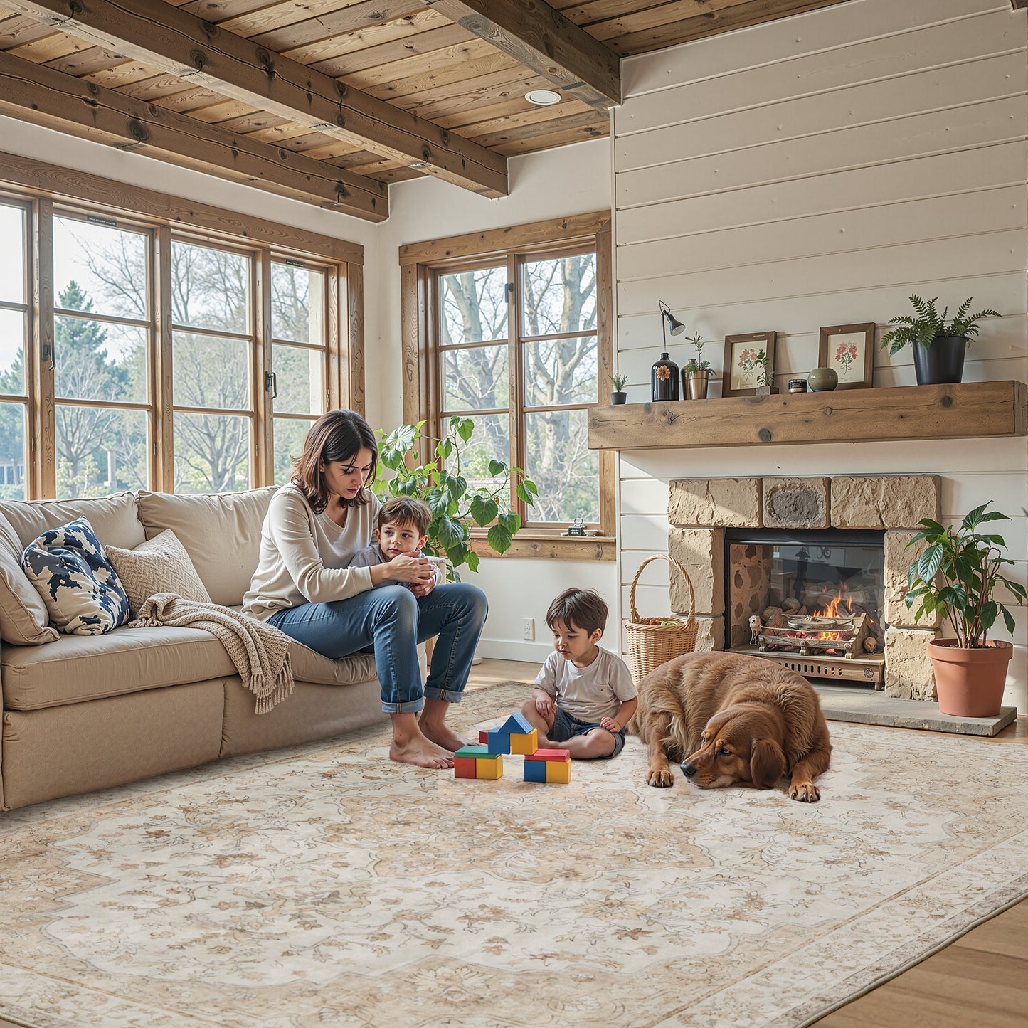 CHITOOMA 9'x12' Boho Area Rugs for Living Room, Machine Washable Floral Area Rug with Non-Slip Backing, Stain Resistant Non-Shed Carpet for Bedroom, Dining Room, Dorm, Office