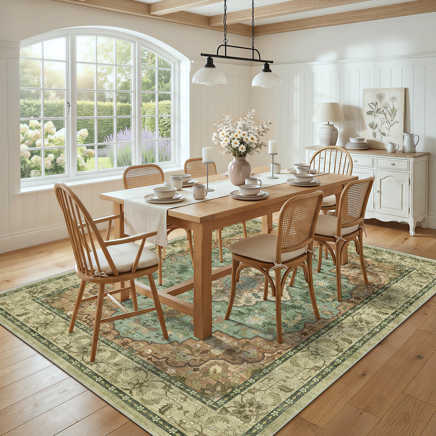 CHITOOMA 8'x10' Area Rugs for Living Room, Boho Machine Washable Floral Area Rug with Non-Slip Backing, Stain Resistant Non-Shed Carpet for Bedroom, Dining Room, Dorm, Office