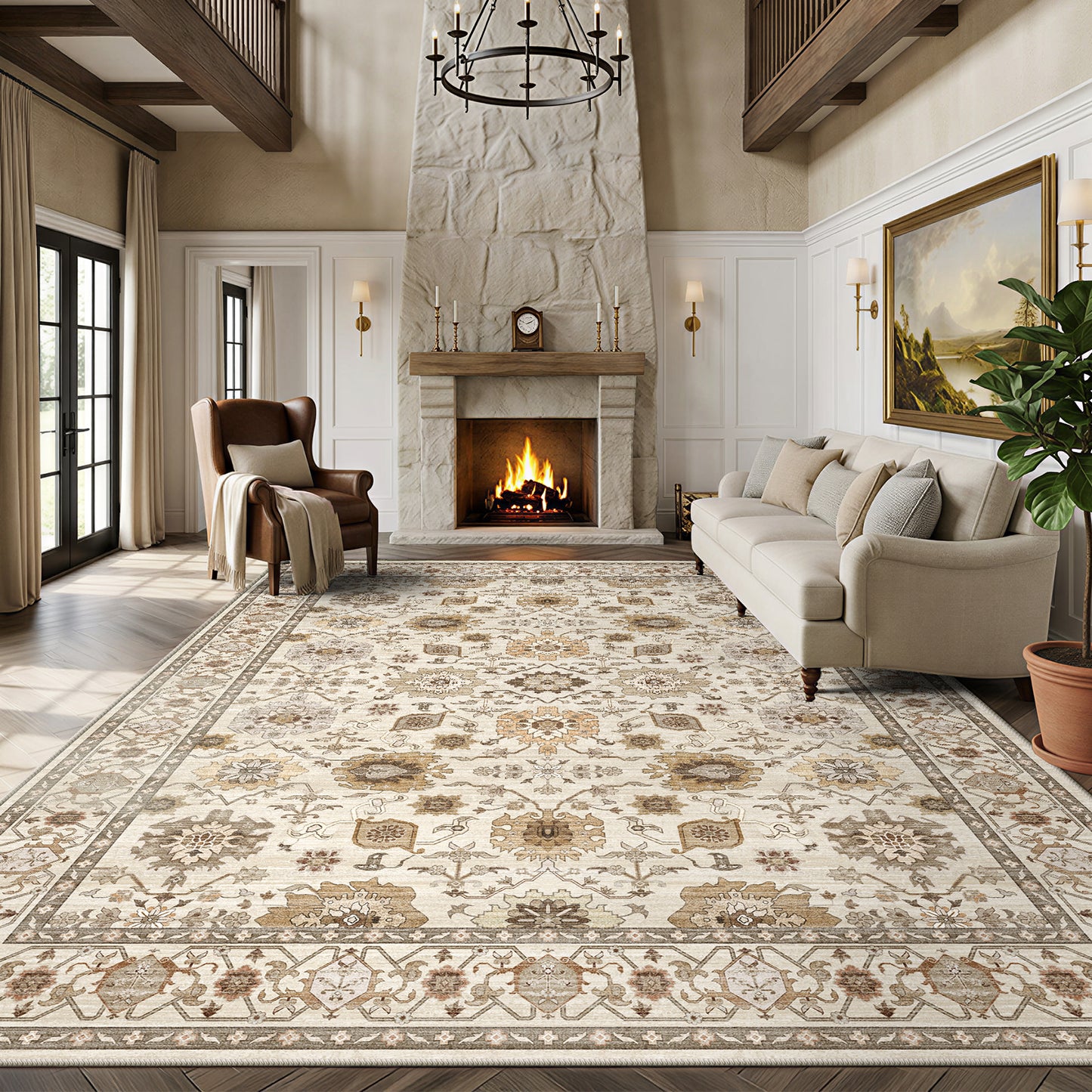 CHITOOMA 9'x12' Area Rugs for Living Room, Boho Machine Washable Stain Resistant Non-Shed Carpet, Floral Area Rug with Non-Slip Backing for Bedroom, Dining Room, Dorm, Office