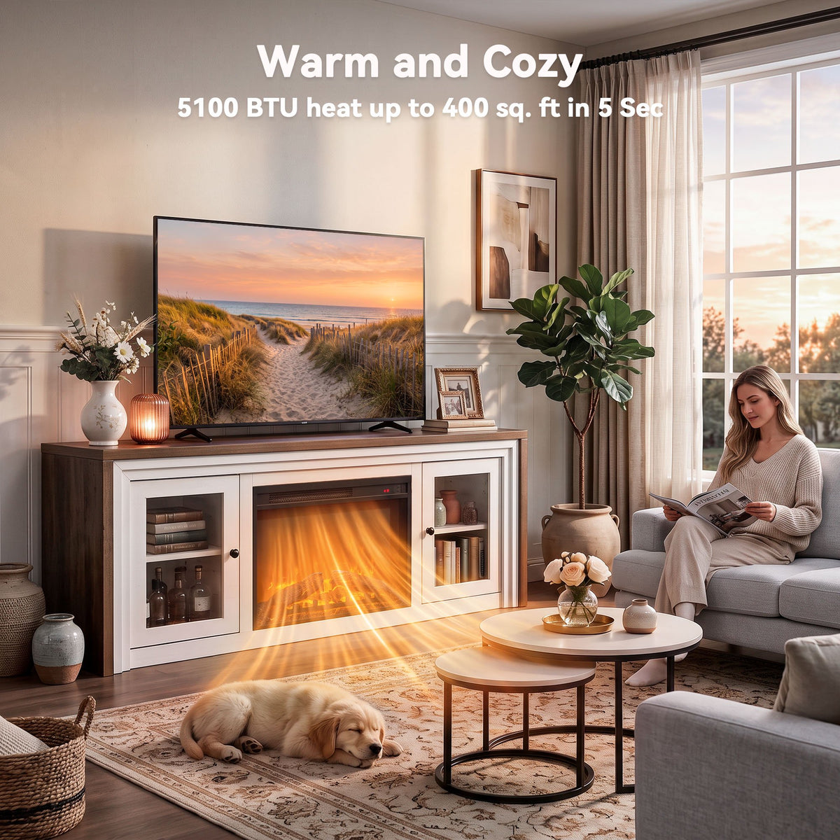 Modern Fireplace TV Stand with 24" Electric Fireplace up to 70" TV, Fireplace TV Console with Glass Barn Doors & Adjustable Shelf, 5100BTU, White