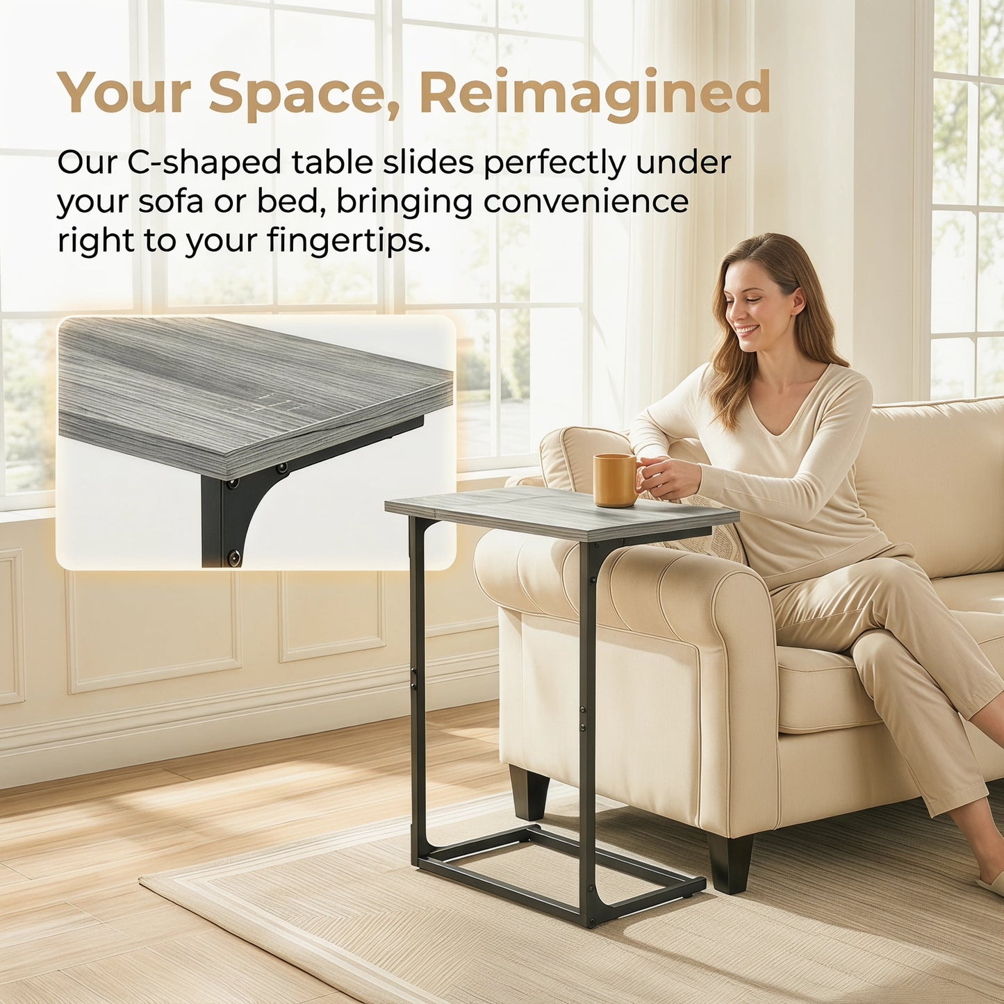 C Shape End Table, Sofa Table TV Tray Table for couch ,Side Table for Living Room,Bedroom ,Metal Frame c table(Gray)