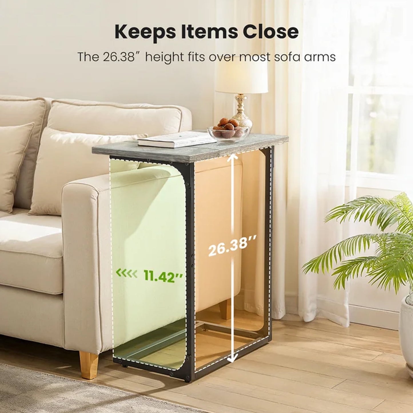 C Shaped Couch End Table Tray Table, Side Table for Sofa,with Widened tabletop for Bedroom, Living Room, 27"(H) x 21.1"(W) x 11.4"(D), Grey