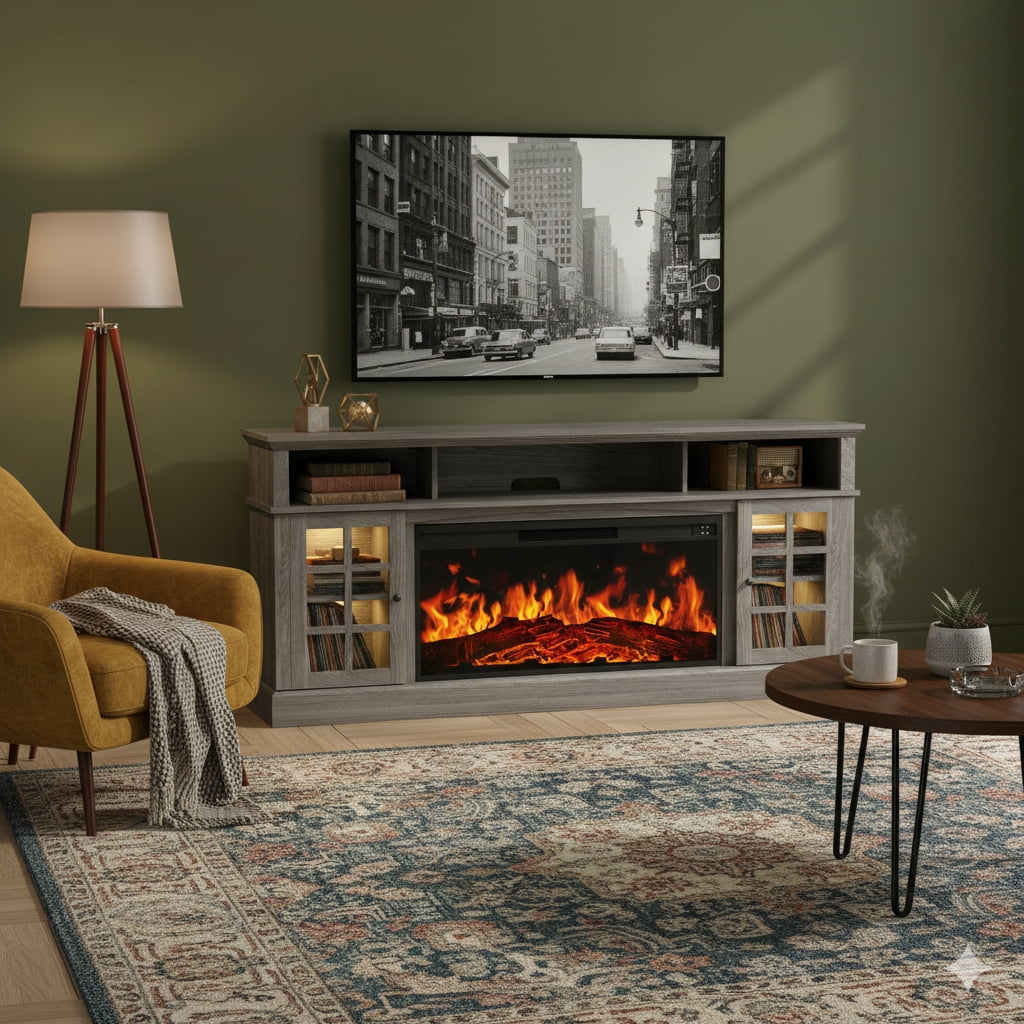 Electric Fireplace TV Stand up to 85" TVs, Farmhouse Entertainment Center wiht 36" Fireplace for Living Room, Gray