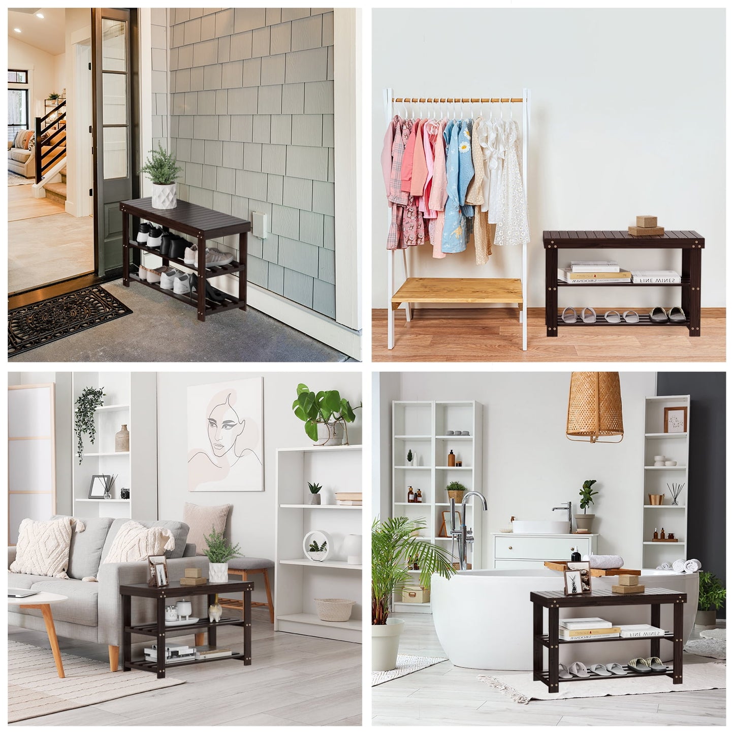 3-Tier Bamboo Shoe Storage Bench for Entryway, Wood Hallway Shoe Rack Shoe Organizer Shelf for Living Room, Bedroom, 11"D x 27.5"W x 17.5"H, Brown