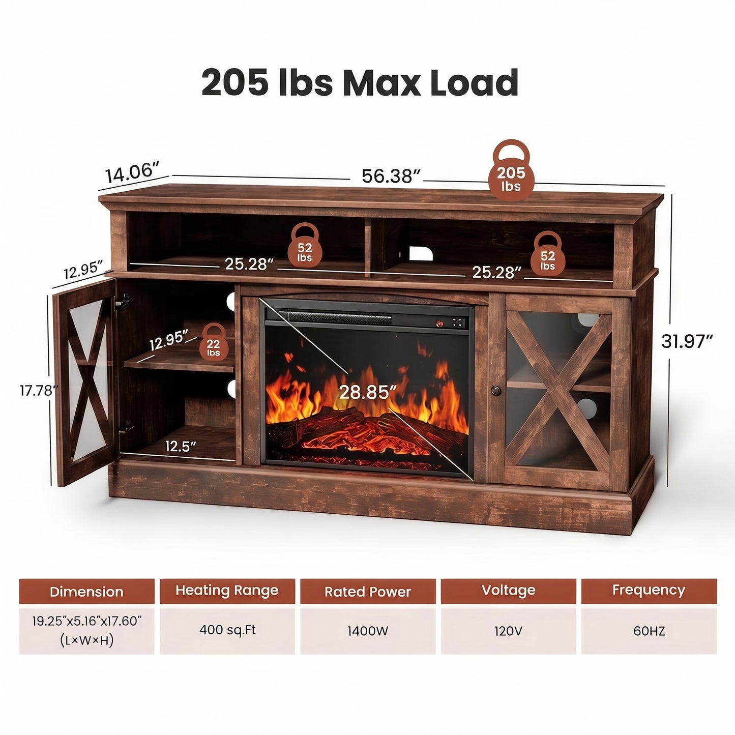 Electric Fireplace TV Stand for 75 inch TVs Farmhouse TV Console with 23″ Fireplace, Vintage Brown