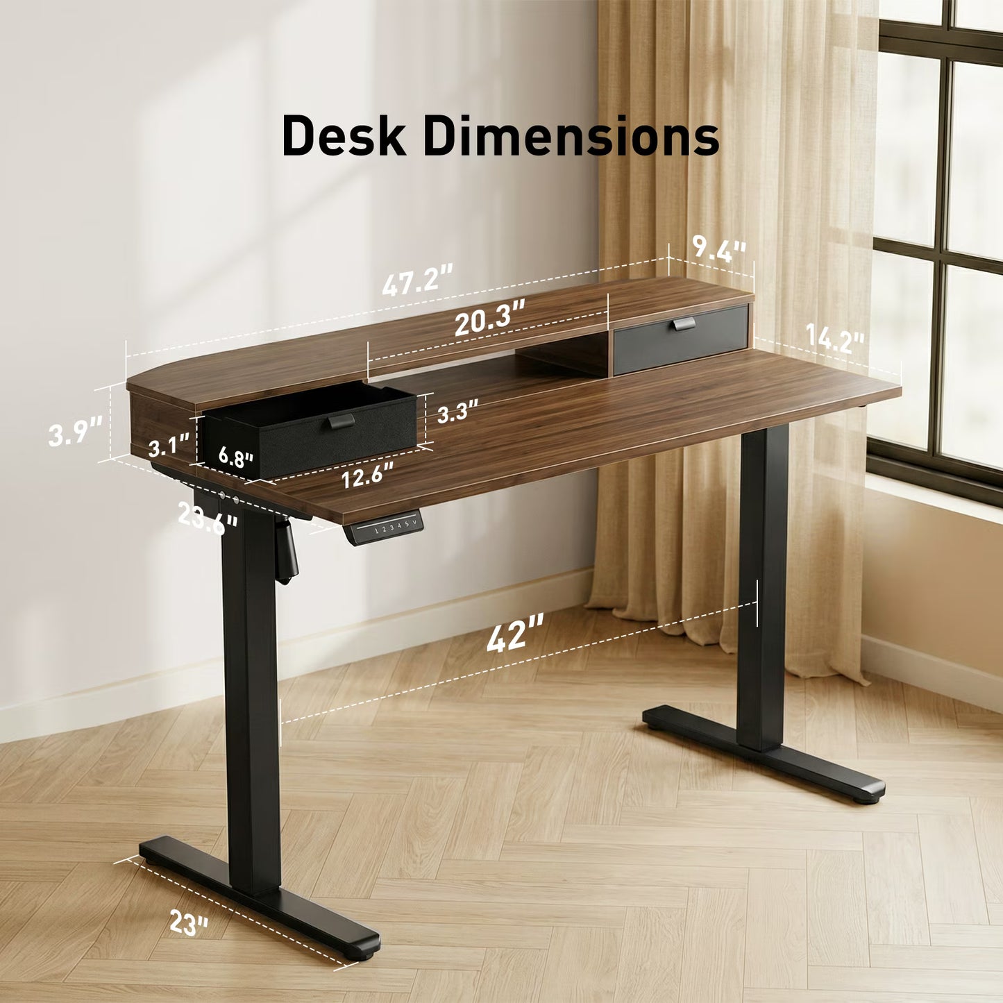 CHITOOMA 48″ x 24″ Standing Desk with Drawers, Electric Height Adjustable Sit Stand Desk with Storage Shelf, walnut