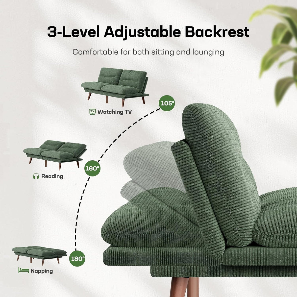 CHITOOMA 75" Futon Sofa Bed with Adjustable Backrest and Armrests, Convertible Sleeper Couch for Living Room, Bedroom, Apartment or Office, Green