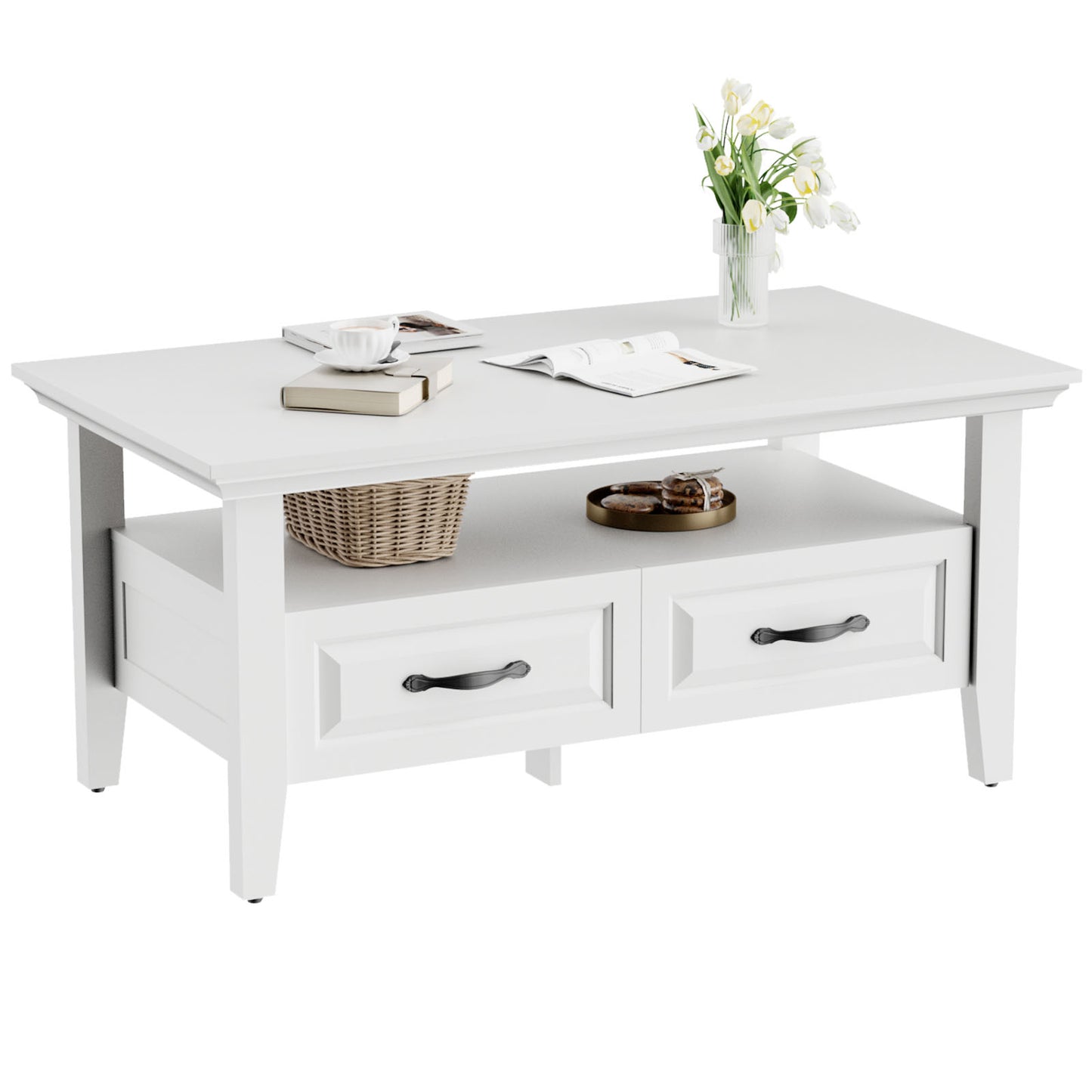 CHITOOMA Farmhouse Coffee Table with 2 Drawers and Open Shelf, Rustic Wood Accent Table for Living Room, White