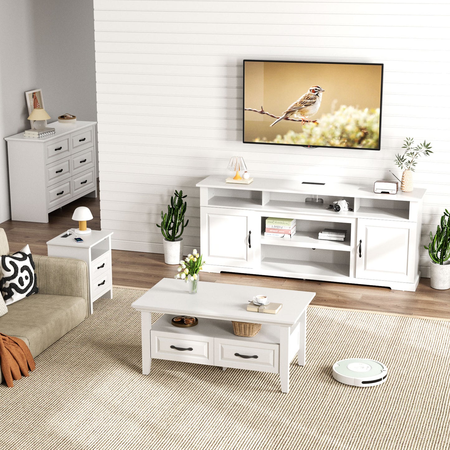 CHITOOMA Farmhouse Coffee Table with 2 Drawers and Open Shelf, Rustic Wood Accent Table for Living Room, White