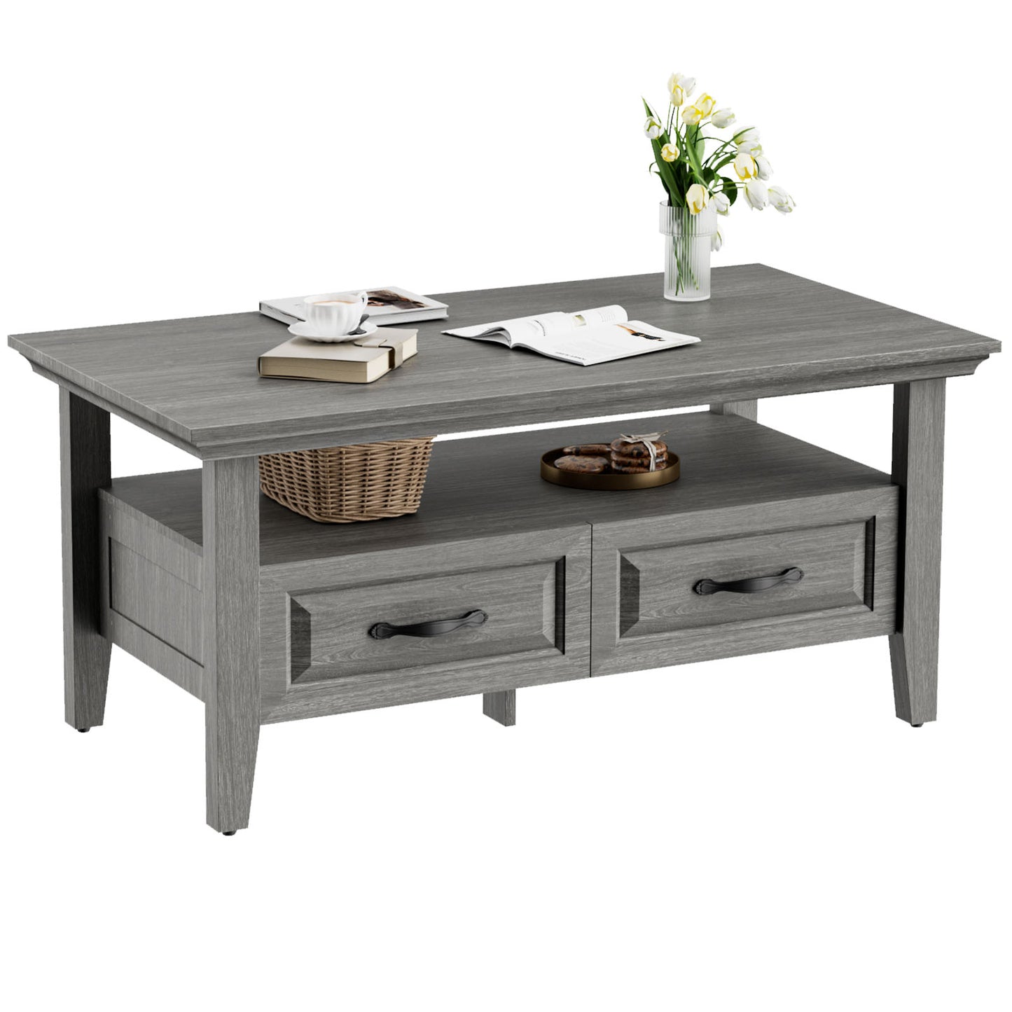 CHITOOMA Farmhouse Coffee Table with 2 Drawers and Open Shelf, Rustic Wood Accent Table for Living Room, Gray