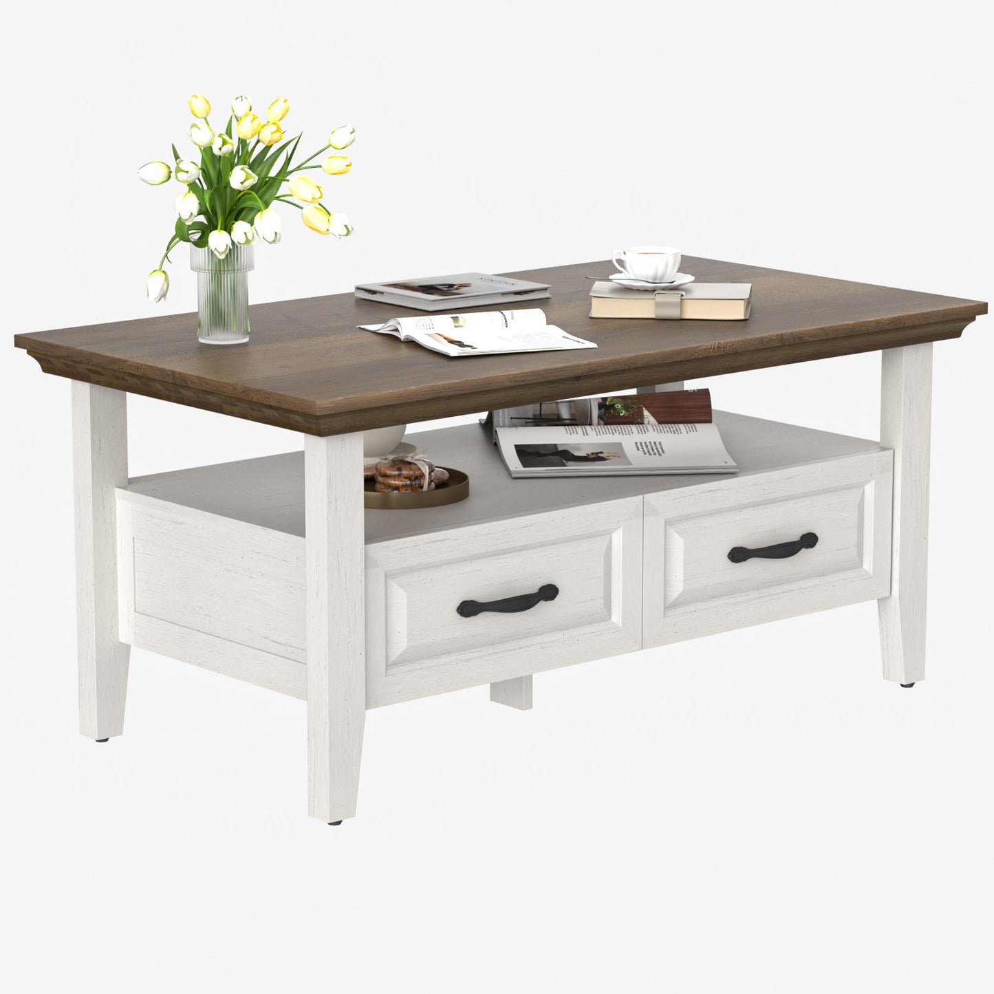 CHITOOMA Farmhouse Coffee Table with 2 Drawers and Open Shelf, Rustic Wood Accent Table for Living Room, White & Brown