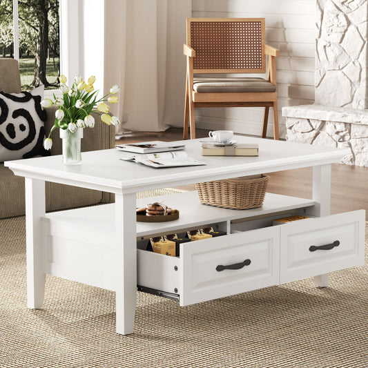 CHITOOMA Farmhouse Coffee Table with 2 Drawers and Open Shelf, Rustic Wood Accent Table for Living Room, White