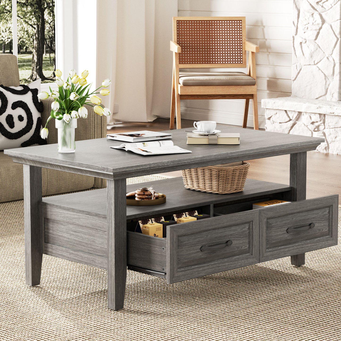 CHITOOMA Farmhouse Coffee Table with 2 Drawers and Open Shelf, Rustic Wood Accent Table for Living Room, Gray