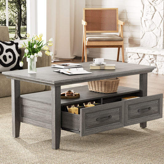 CHITOOMA Farmhouse Coffee Table with 2 Drawers and Open Shelf, Rustic Wood Accent Table for Living Room, Gray