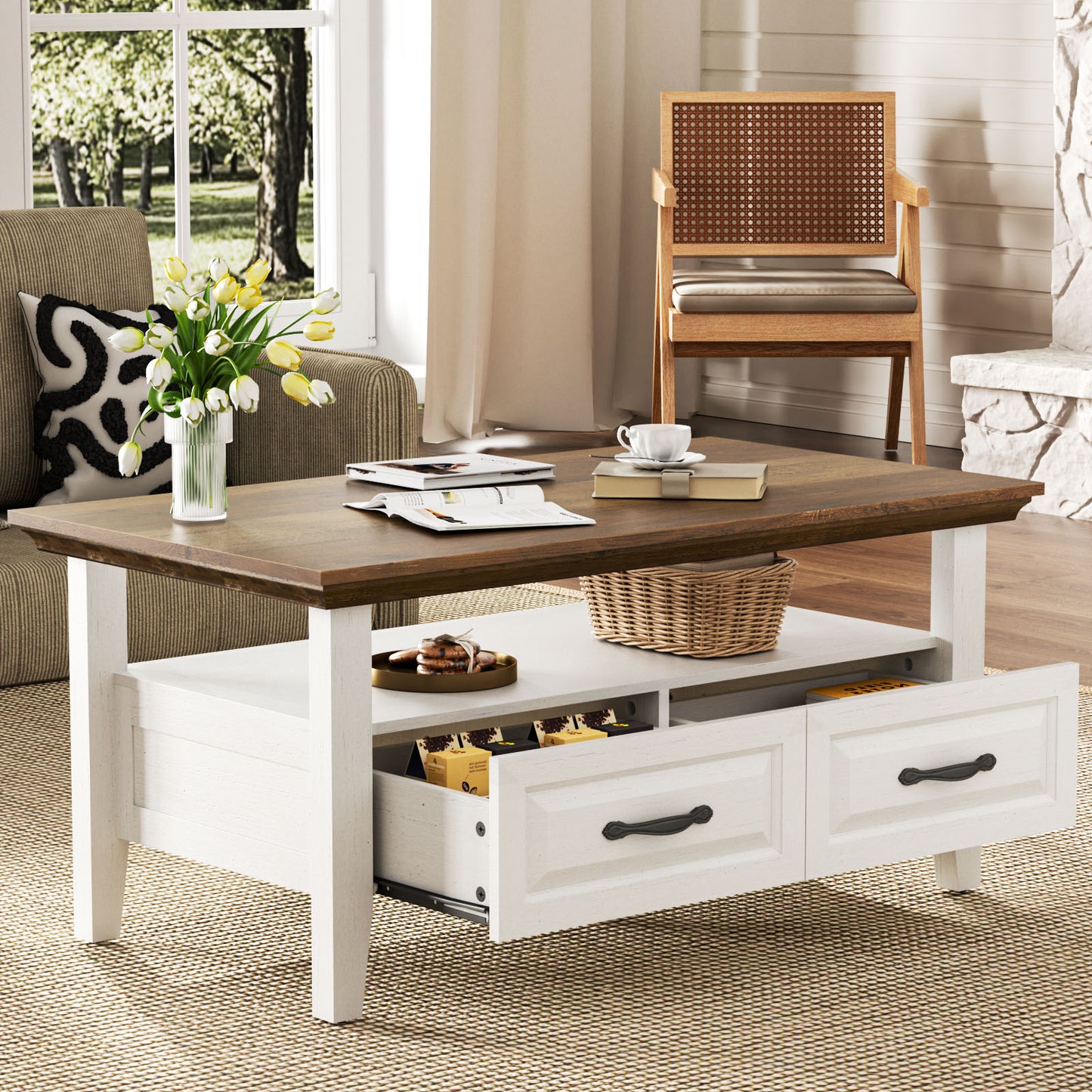 CHITOOMA Farmhouse Coffee Table with 2 Drawers and Open Shelf, Rustic Wood Accent Table for Living Room, White & Brown