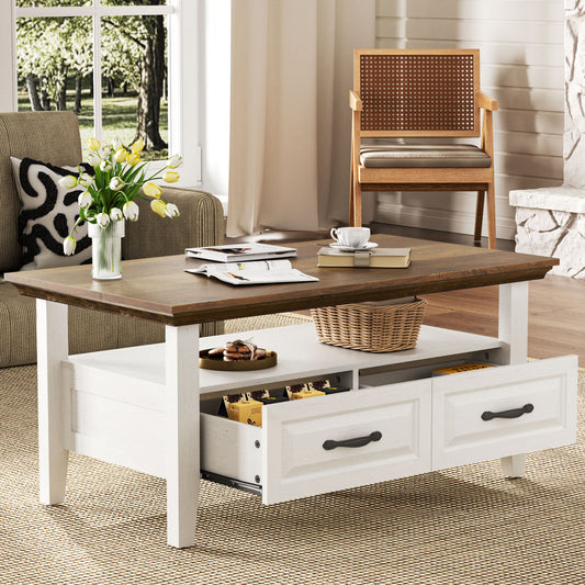 CHITOOMA Farmhouse Coffee Table with 2 Drawers and Open Shelf, Rustic Wood Accent Table for Living Room, White & Brown