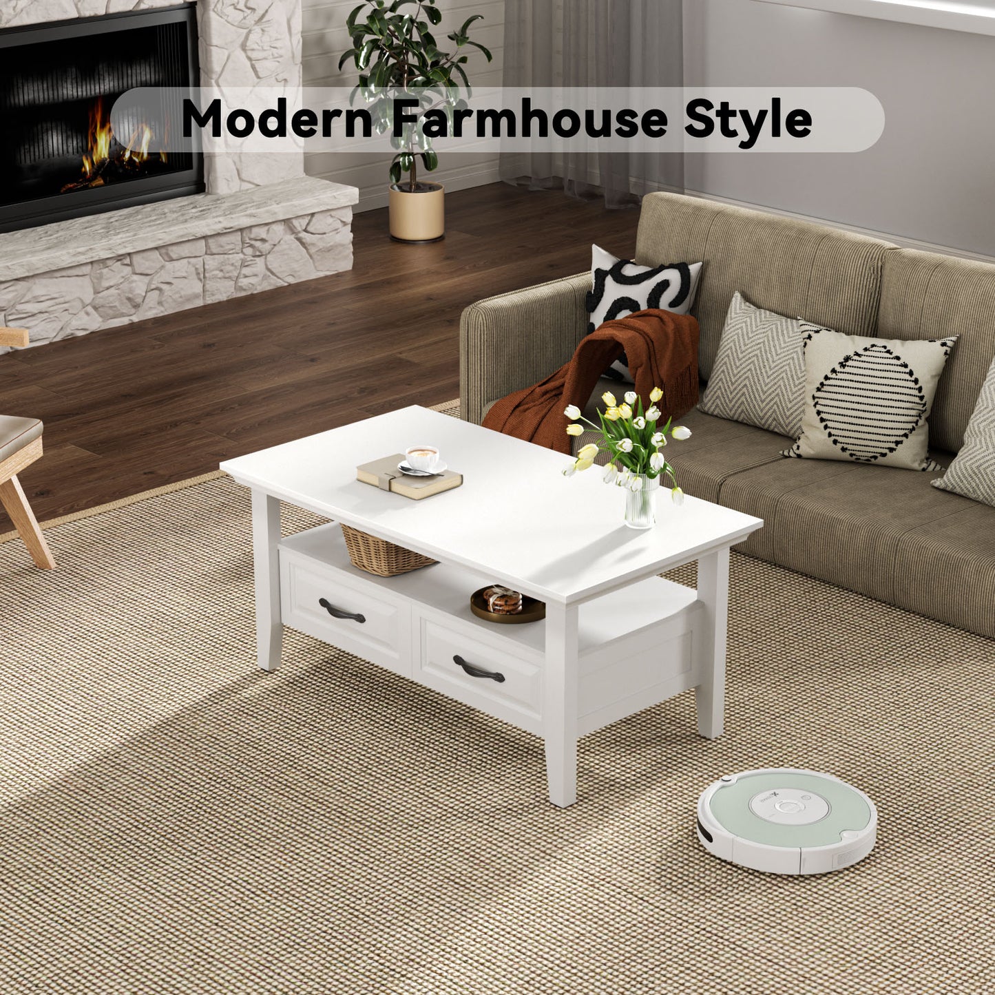 CHITOOMA Farmhouse Coffee Table with 2 Drawers and Open Shelf, Rustic Wood Accent Table for Living Room, White