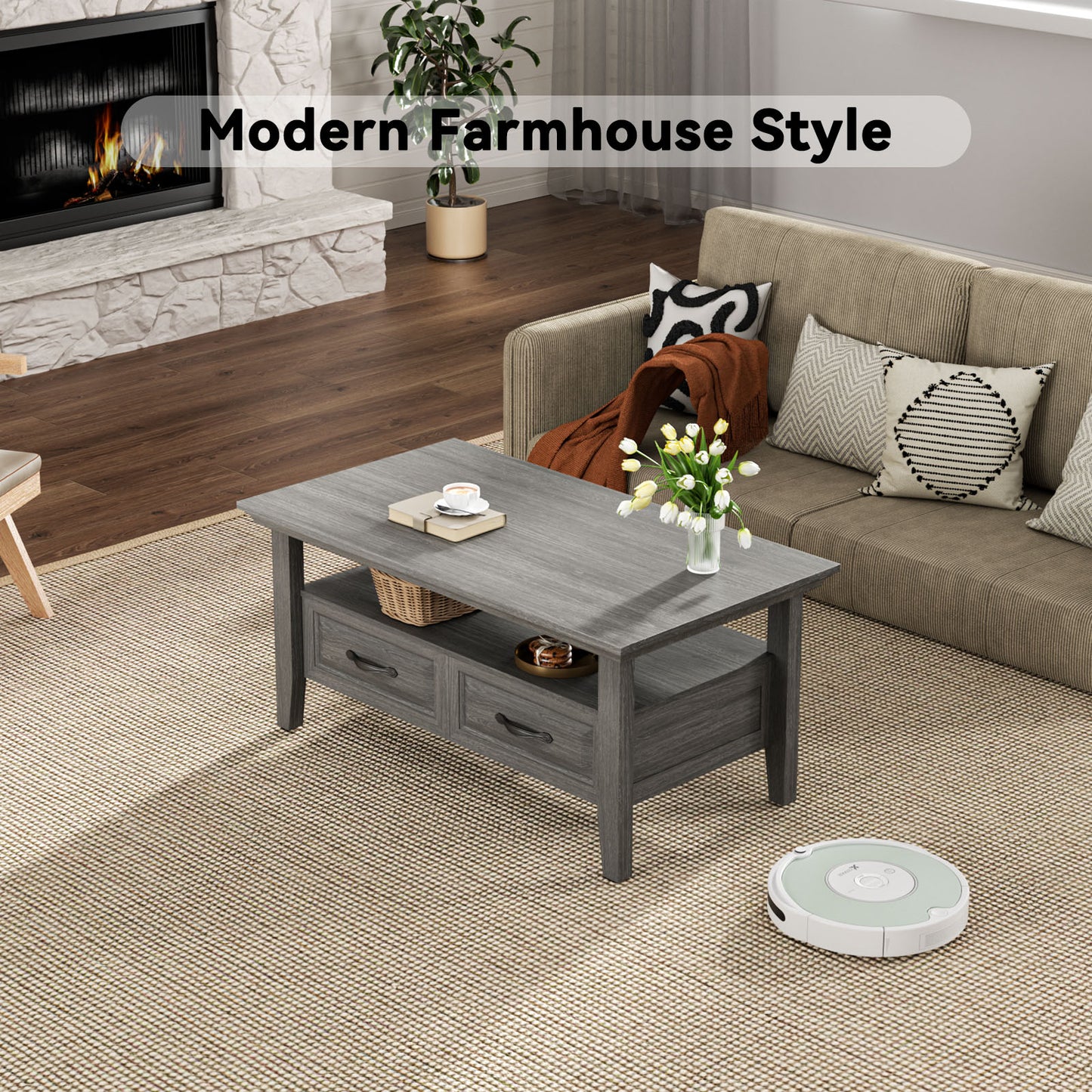 CHITOOMA Farmhouse Coffee Table with 2 Drawers and Open Shelf, Rustic Wood Accent Table for Living Room, Gray