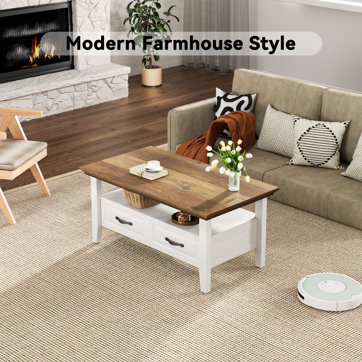 CHITOOMA Farmhouse Coffee Table with 2 Drawers and Open Shelf, Rustic Wood Accent Table for Living Room, White & Brown