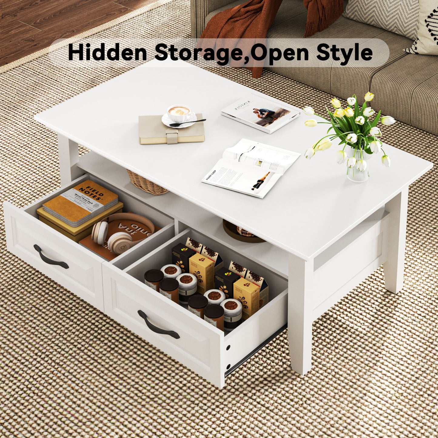 CHITOOMA Farmhouse Coffee Table with 2 Drawers and Open Shelf, Rustic Wood Accent Table for Living Room, White