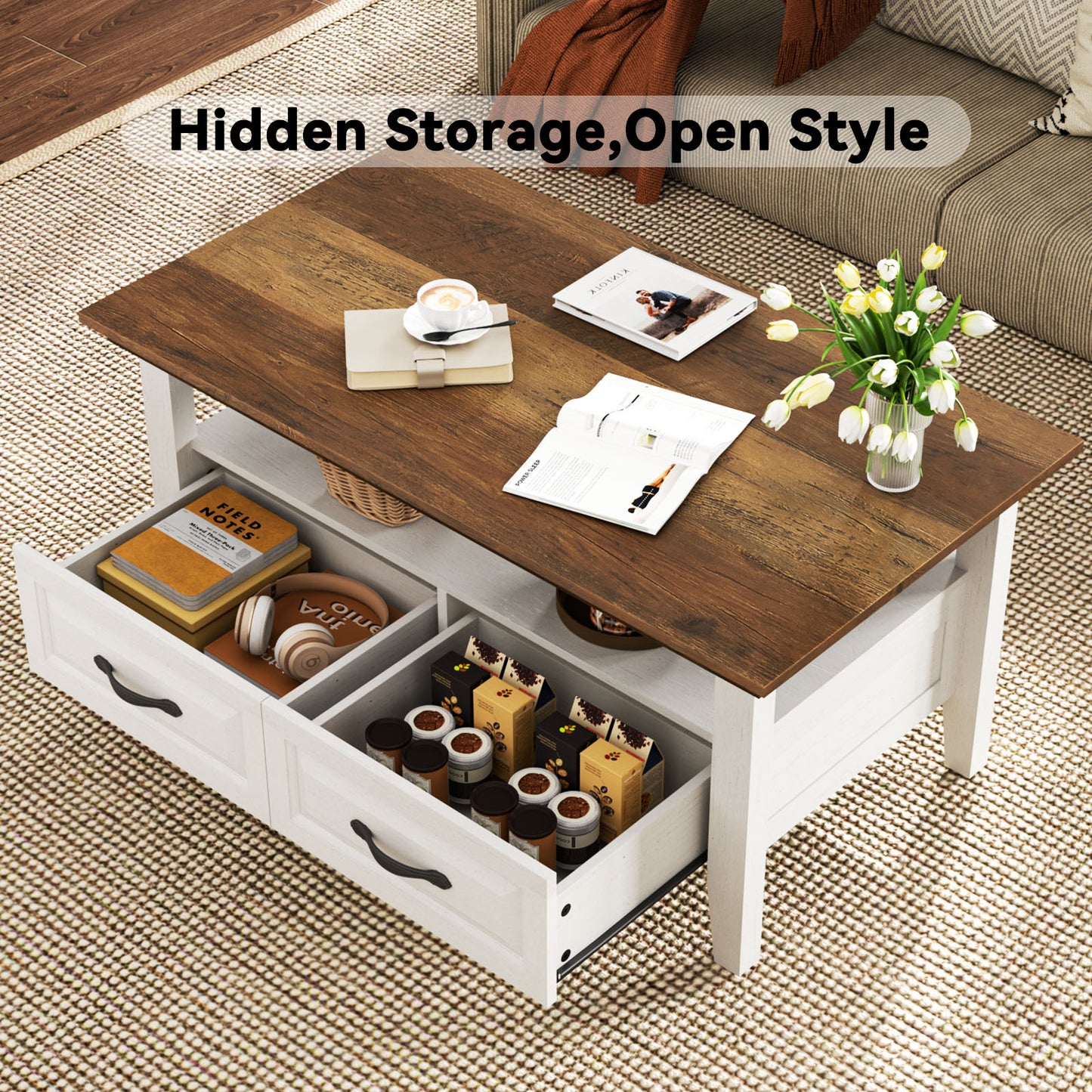 CHITOOMA Farmhouse Coffee Table with 2 Drawers and Open Shelf, Rustic Wood Accent Table for Living Room, White & Brown
