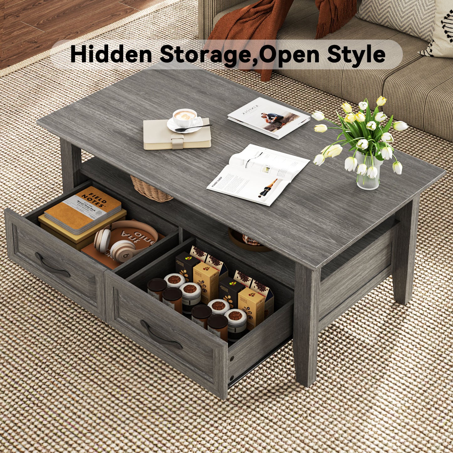 CHITOOMA Farmhouse Coffee Table with 2 Drawers and Open Shelf, Rustic Wood Accent Table for Living Room, Gray