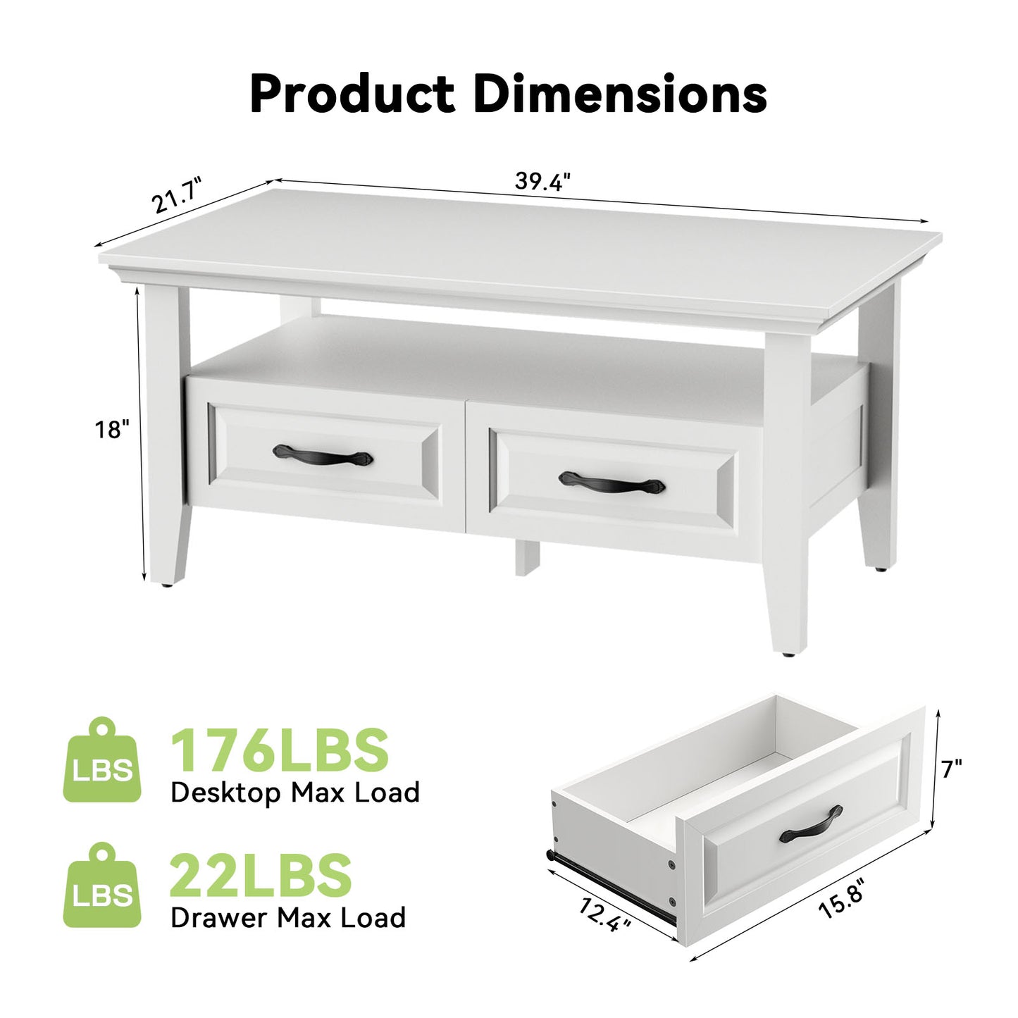 CHITOOMA Farmhouse Coffee Table with 2 Drawers and Open Shelf, Rustic Wood Accent Table for Living Room, White