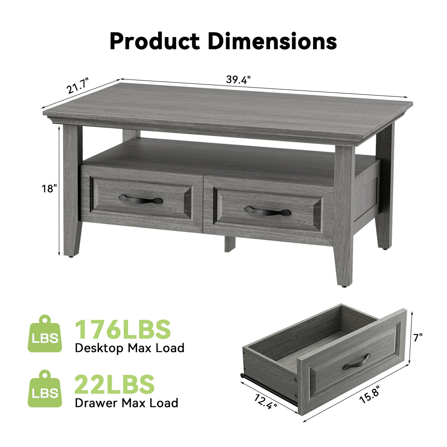 CHITOOMA Farmhouse Coffee Table with 2 Drawers and Open Shelf, Rustic Wood Accent Table for Living Room, Gray