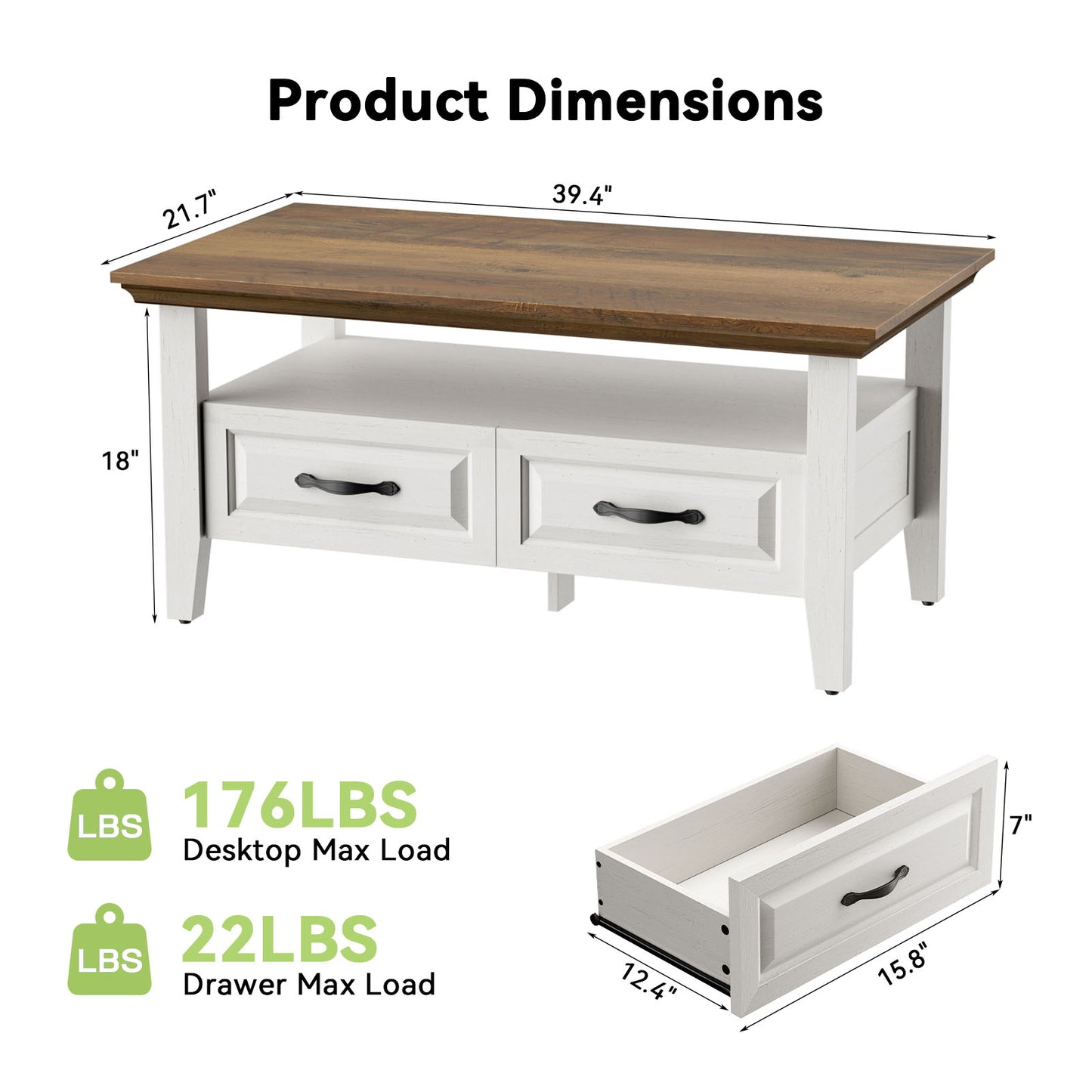 CHITOOMA Farmhouse Coffee Table with 2 Drawers and Open Shelf, Rustic Wood Accent Table for Living Room, White & Brown