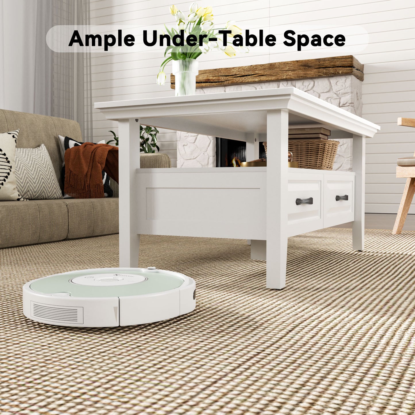 CHITOOMA Farmhouse Coffee Table with 2 Drawers and Open Shelf, Rustic Wood Accent Table for Living Room, White