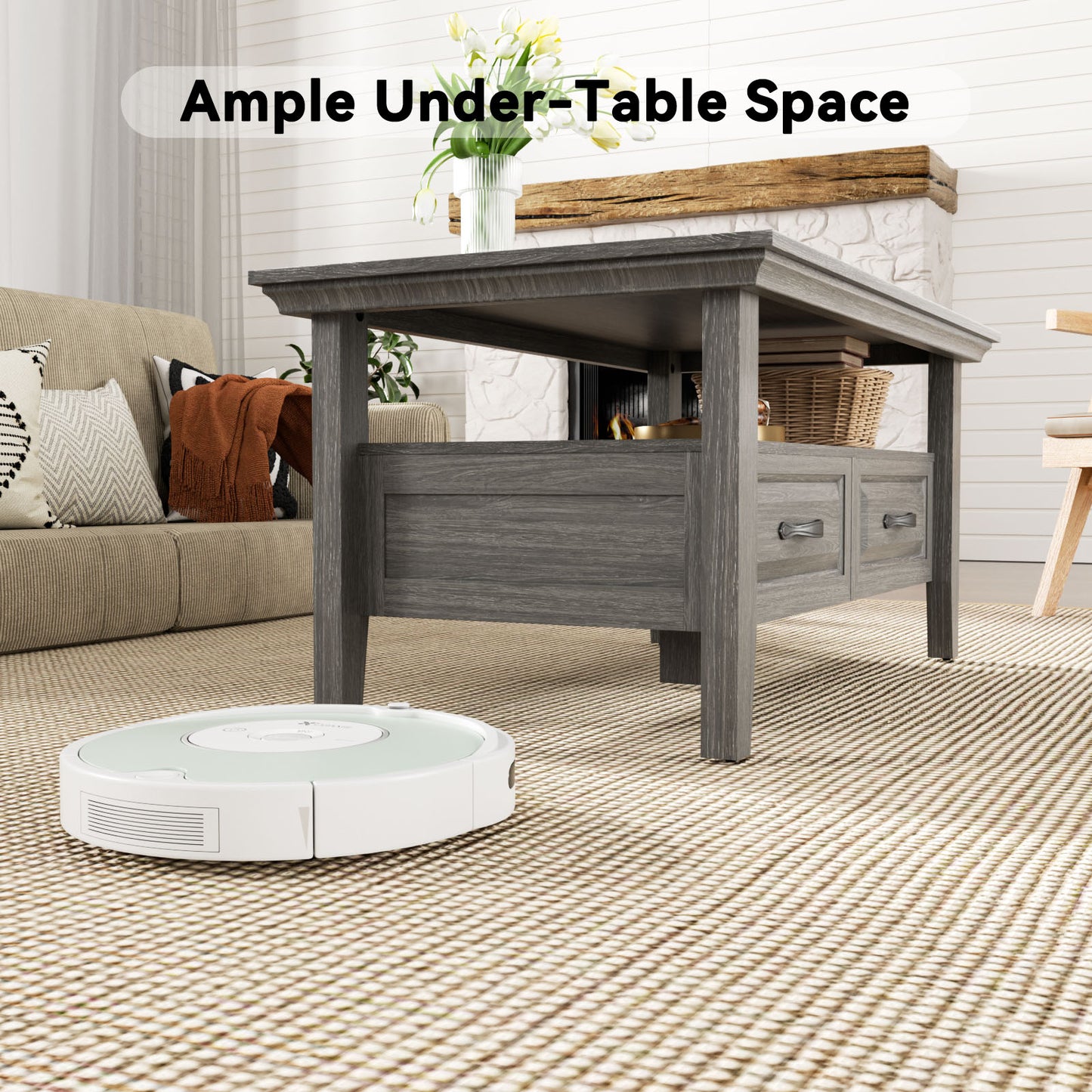 CHITOOMA Farmhouse Coffee Table with 2 Drawers and Open Shelf, Rustic Wood Accent Table for Living Room, Gray