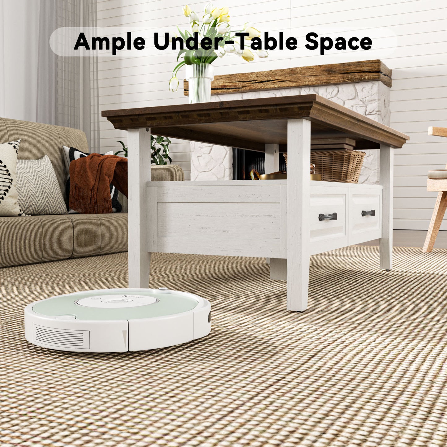 CHITOOMA Farmhouse Coffee Table with 2 Drawers and Open Shelf, Rustic Wood Accent Table for Living Room, White & Brown