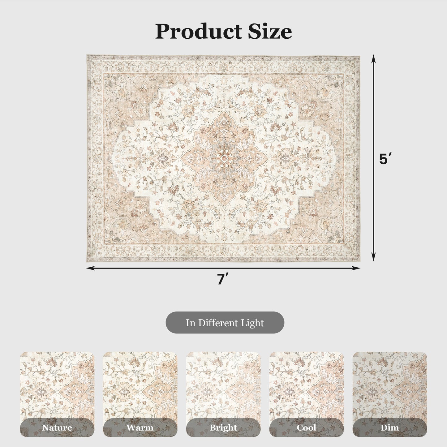 CHITOOMA 5'x7' Boho Area Rugs for Living Room, Machine Washable Stain Resistant Non-Shed Carpet, Floral Area Rug with Non-Slip Backing for Bedroom, Dining Room, Dorm, Office