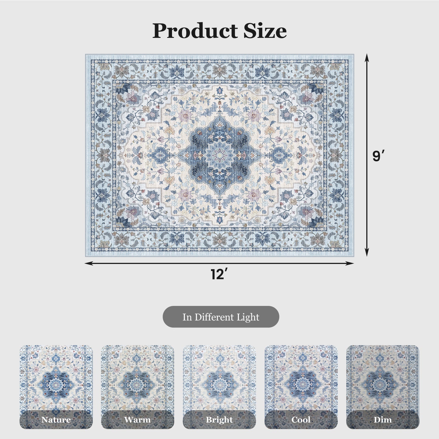 CHITOOMA 9'x12' Area Rugs for Living Room, Boho Machine Washable Stain Resistant Non-Shed Carpet, Floral Area Rug with Non-Slip Backing for Bedroom, Dining Room, Dorm, Office