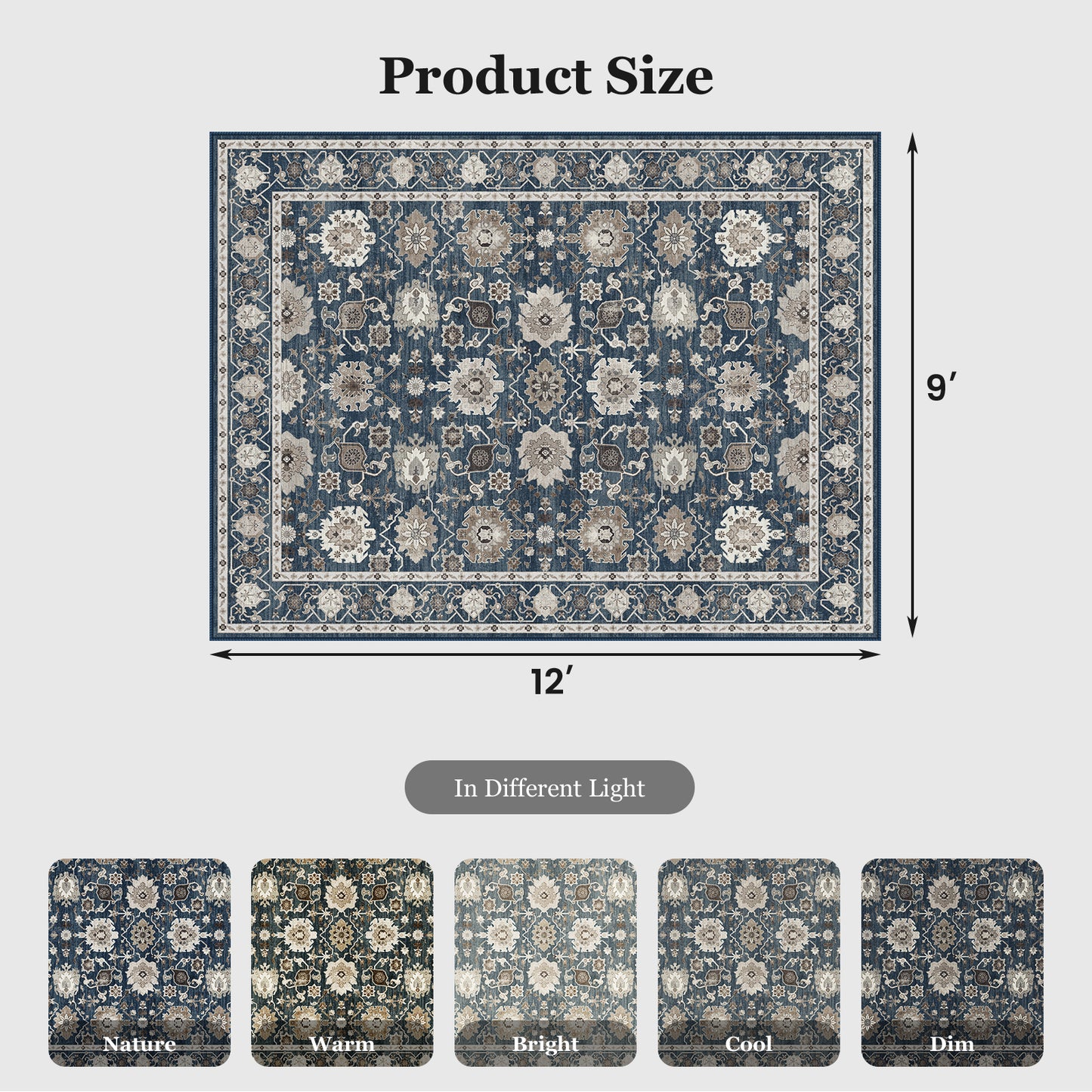 CHITOOMA 9'x12' Area Rugs for Living Room, Boho Machine Washable Stain Resistant Non-Shed Carpet, Floral Area Rug with Non-Slip Backing for Bedroom, Dining Room, Dorm, Office