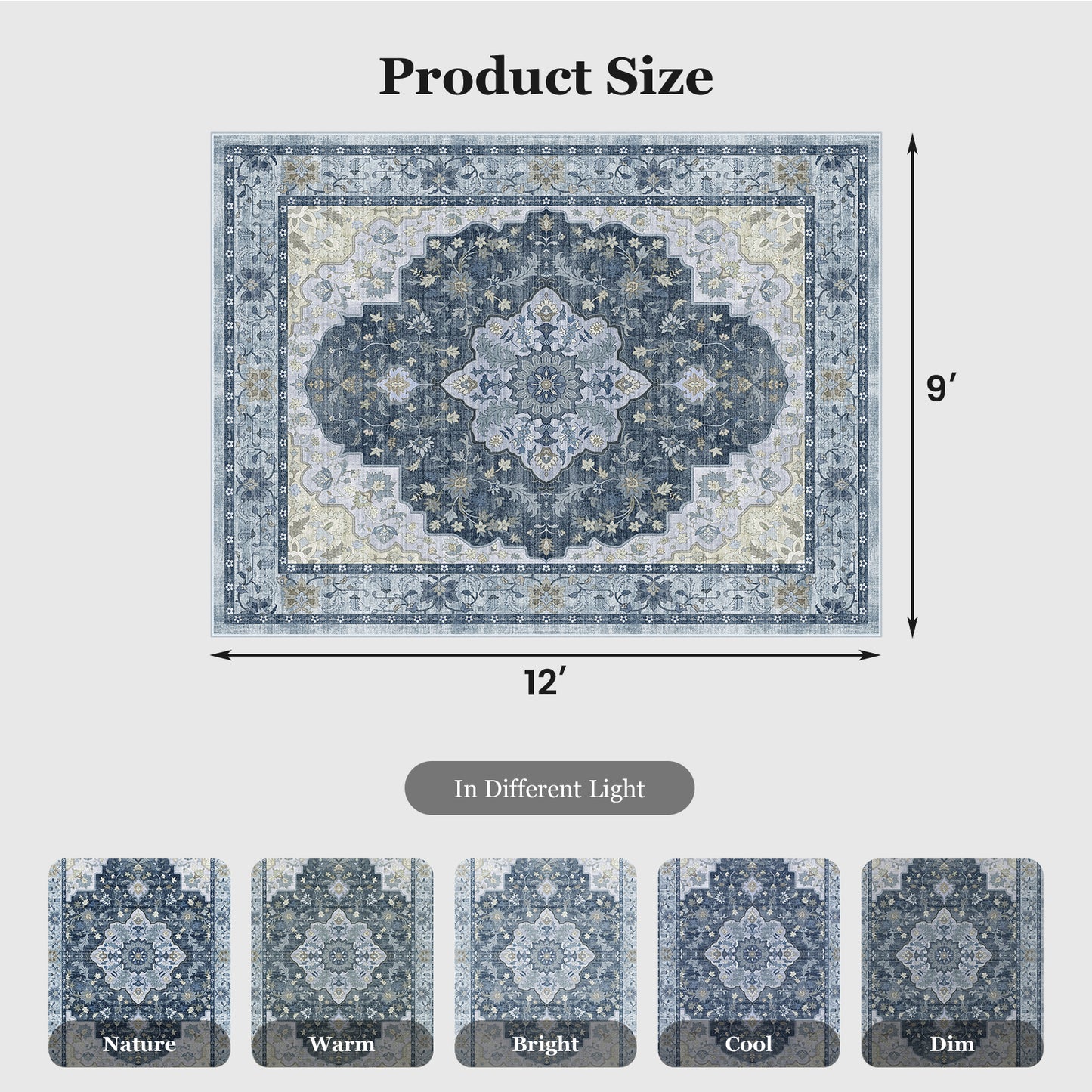 CHITOOMA 9'x12' Area Rugs for Living Room, Boho Machine Washable Stain Resistant Non-Shed Carpet, Floral Area Rug with Non-Slip Backing for Bedroom, Dining Room, Dorm, Office