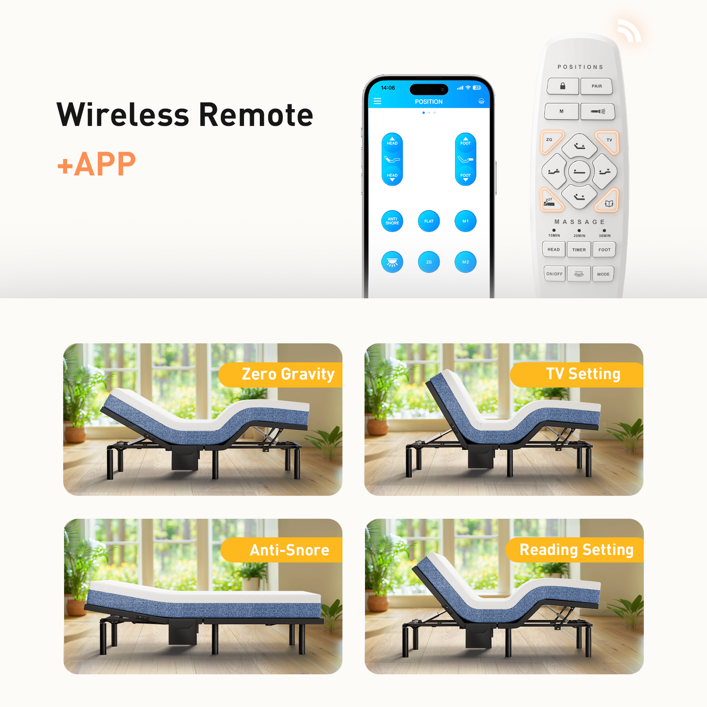 CHITOOMA Electric Adjustable Bed Frame Split King with Massage (3 Modes & 3 Intensities), Wireless Remote & APP Control, Zero Gravity, 4 Height Options, Under-Bed Nightlight, 3 Minutes Fast Assembly
