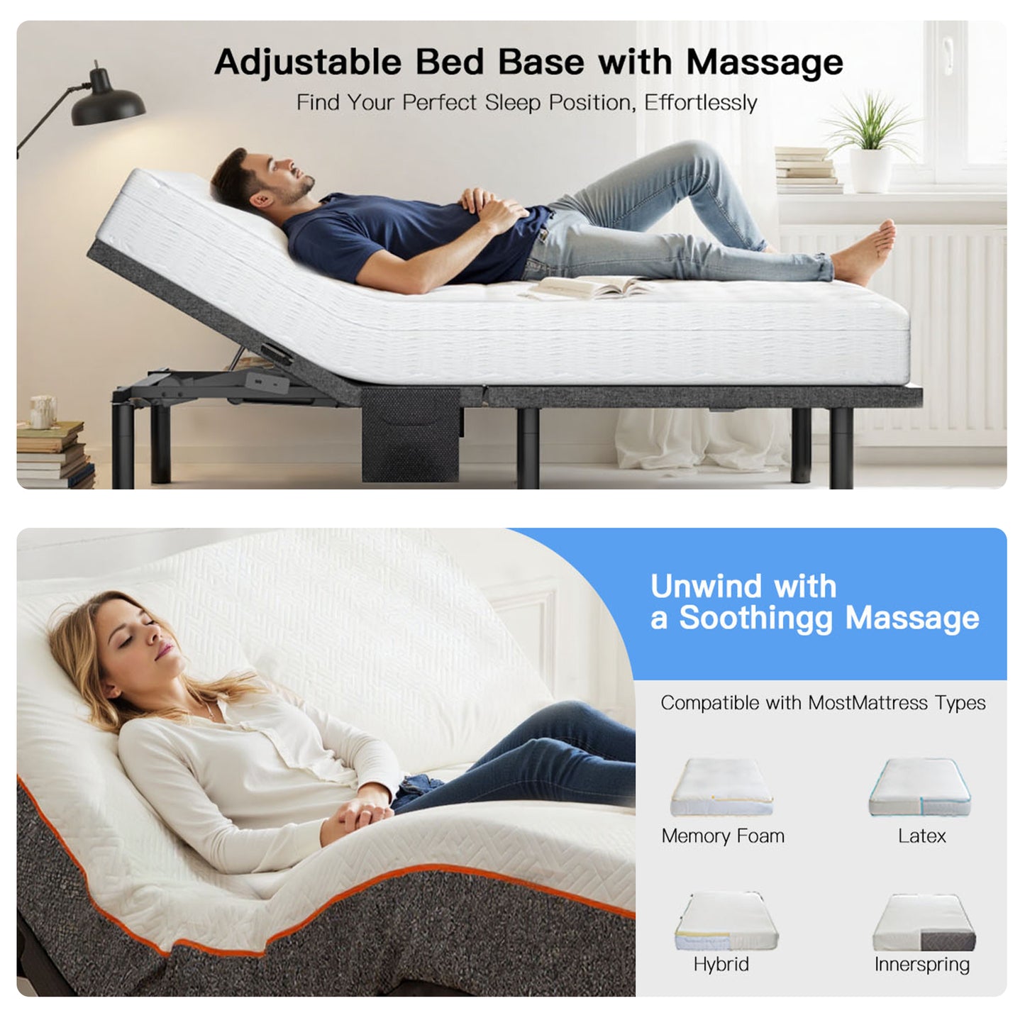 CHITOOMA Full Electric Adjustable Bed Frame with Massage, Wireless Remote, Zero Gravity, 4 USB Ports, Under-Bed Nightlight, 3-Minute Fast Assembly & 4 Leg Height Options
