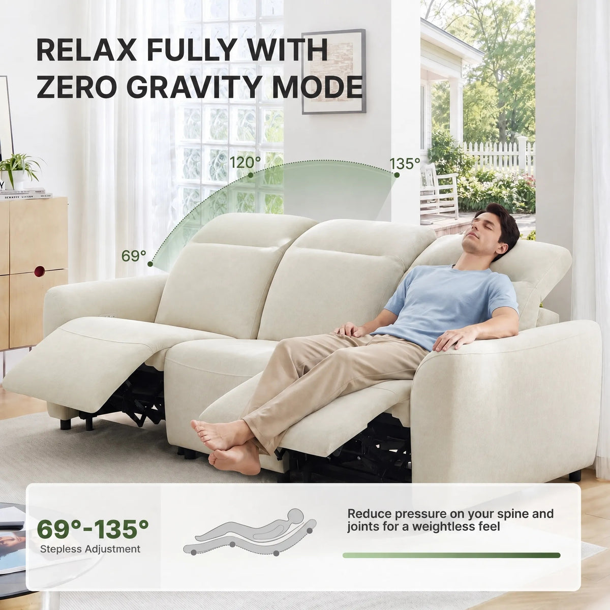 CHITOOMA 91" 3-Seat Power Reclining Sofa, Zero-Gravity Zero-Wall-Hugger Recliner with Charging Ports, Adjustable Headrests, Pet-Friendly Tri-Proof Fabric for Living Room, Home Theater, Beige